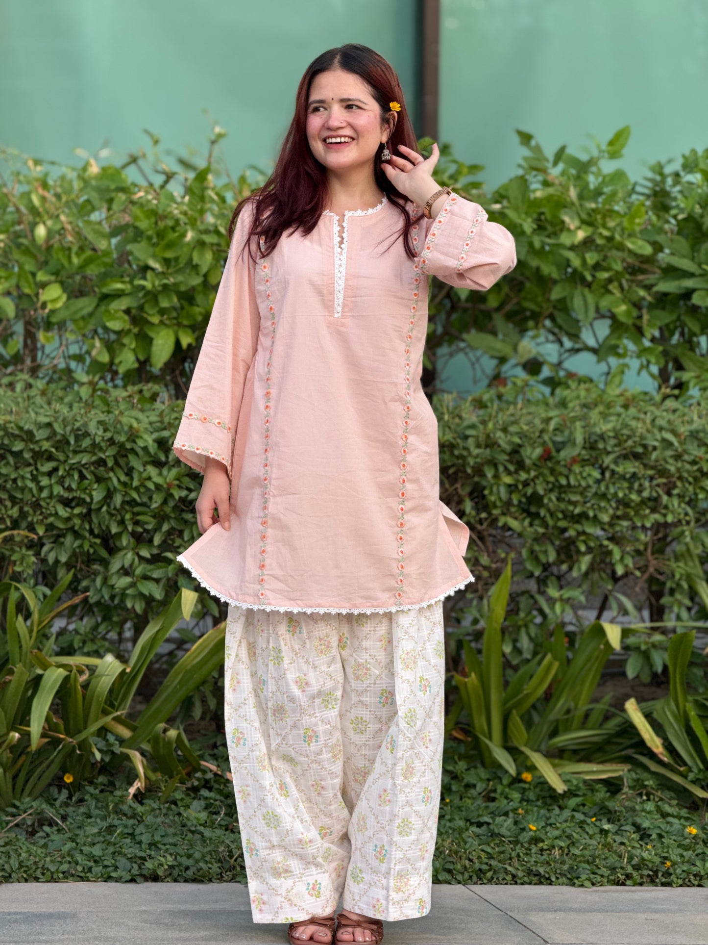 Peach Cotton Cambric Kurta with Printed Farshi Shalwar Set | 2-Piece Ethnic Outfit