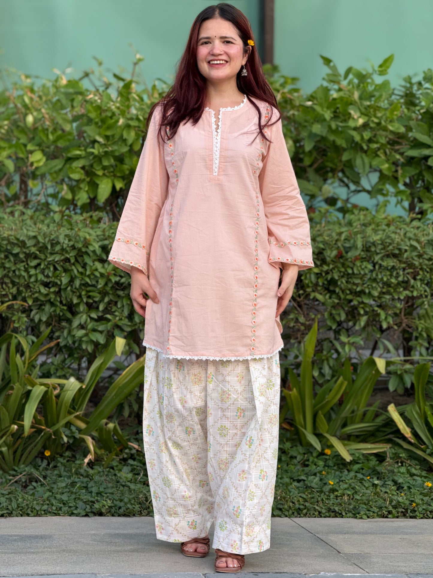 Peach Cotton Cambric Kurta with Printed Farshi Shalwar Set | 2-Piece Ethnic Outfit
