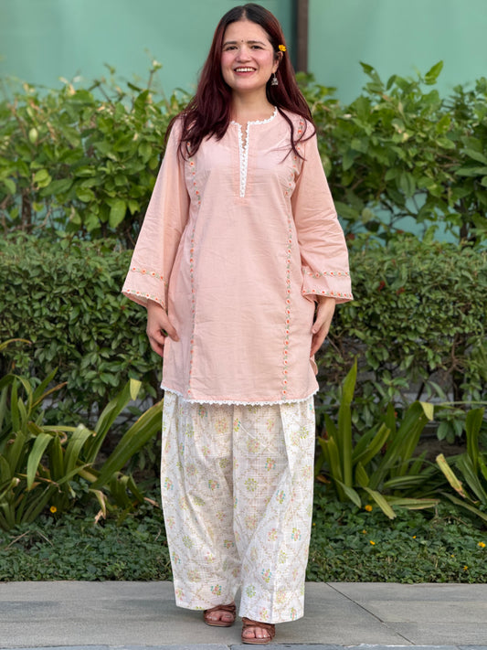 Peach Cotton Cambric Kurta with Printed Farshi Shalwar Set | 2-Piece Ethnic Outfit