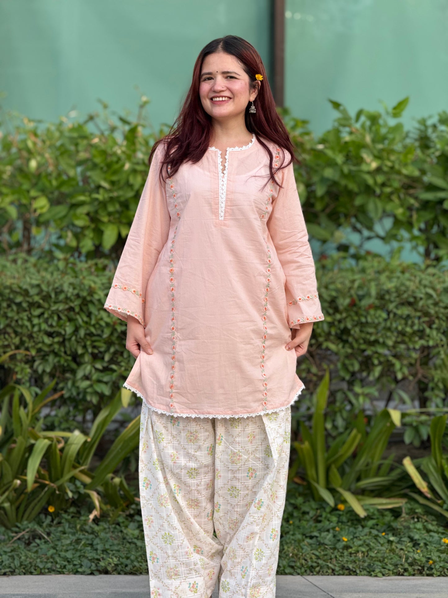 Peach Cotton Cambric Kurta with Printed Farshi Shalwar Set | 2-Piece Ethnic Outfit
