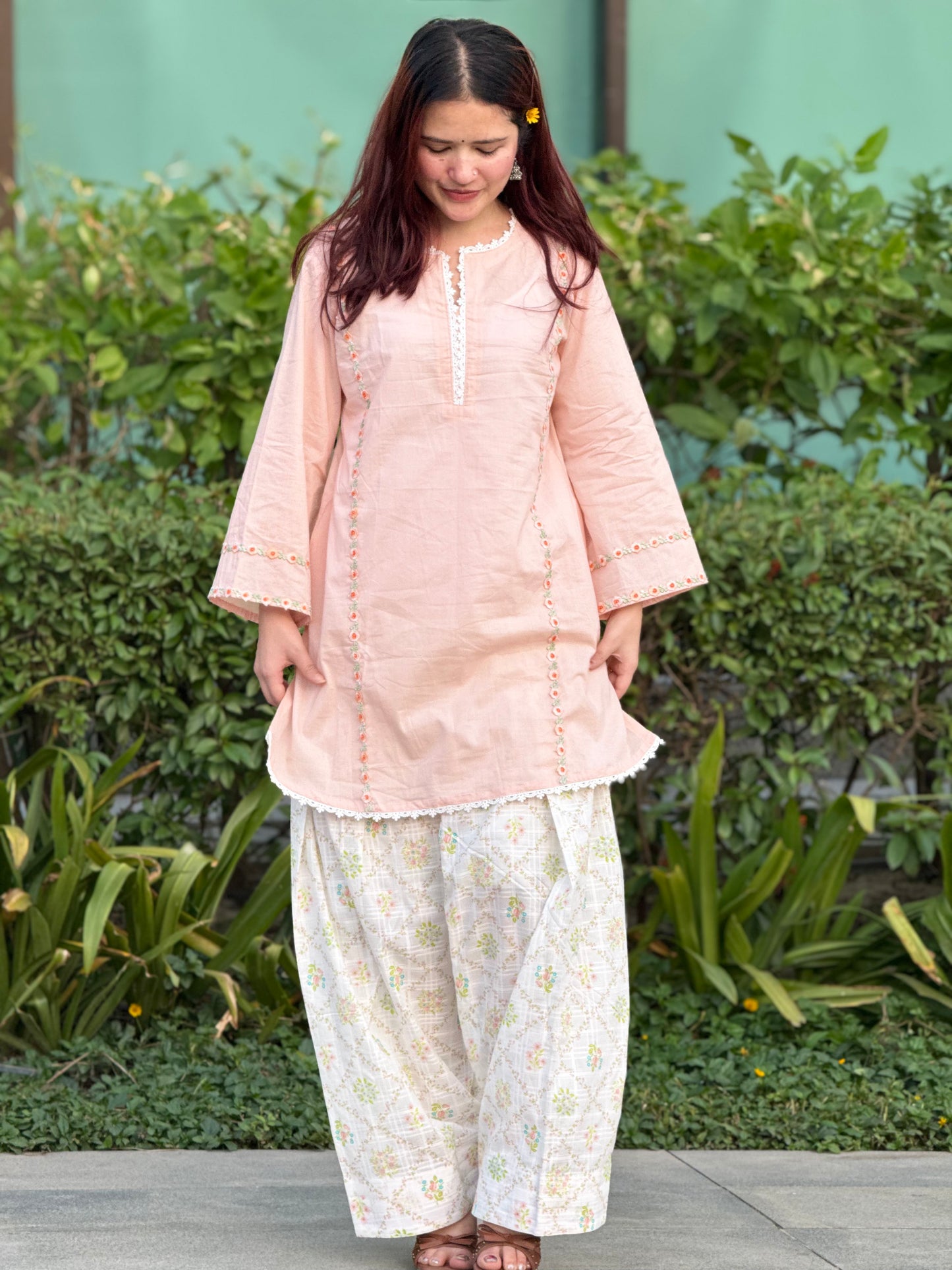 Peach Cotton Cambric Kurta with Printed Farshi Shalwar Set | 2-Piece Ethnic Outfit