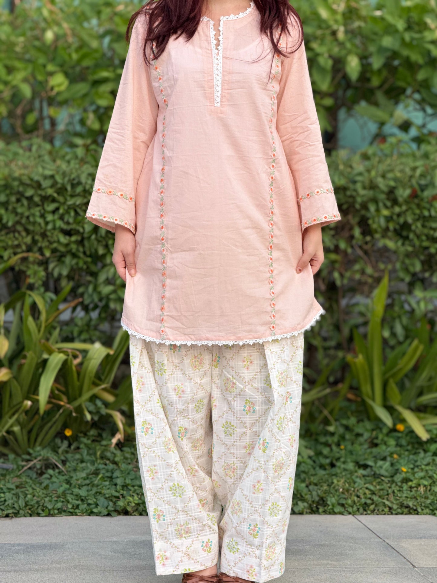 Peach Cotton Cambric Kurta with Printed Farshi Shalwar Set | 2-Piece Ethnic Outfit