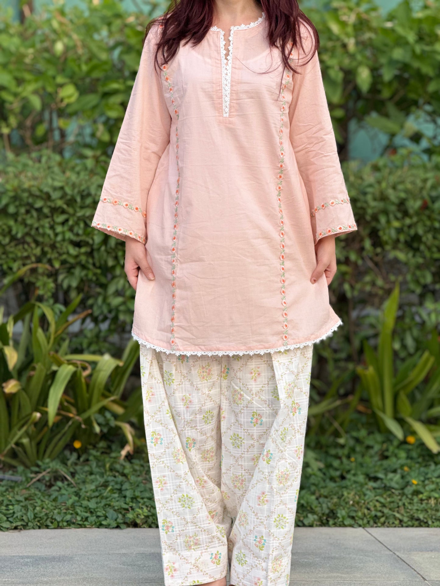 Peach Cotton Cambric Kurta with Printed Farshi Shalwar Set | 2-Piece Ethnic Outfit