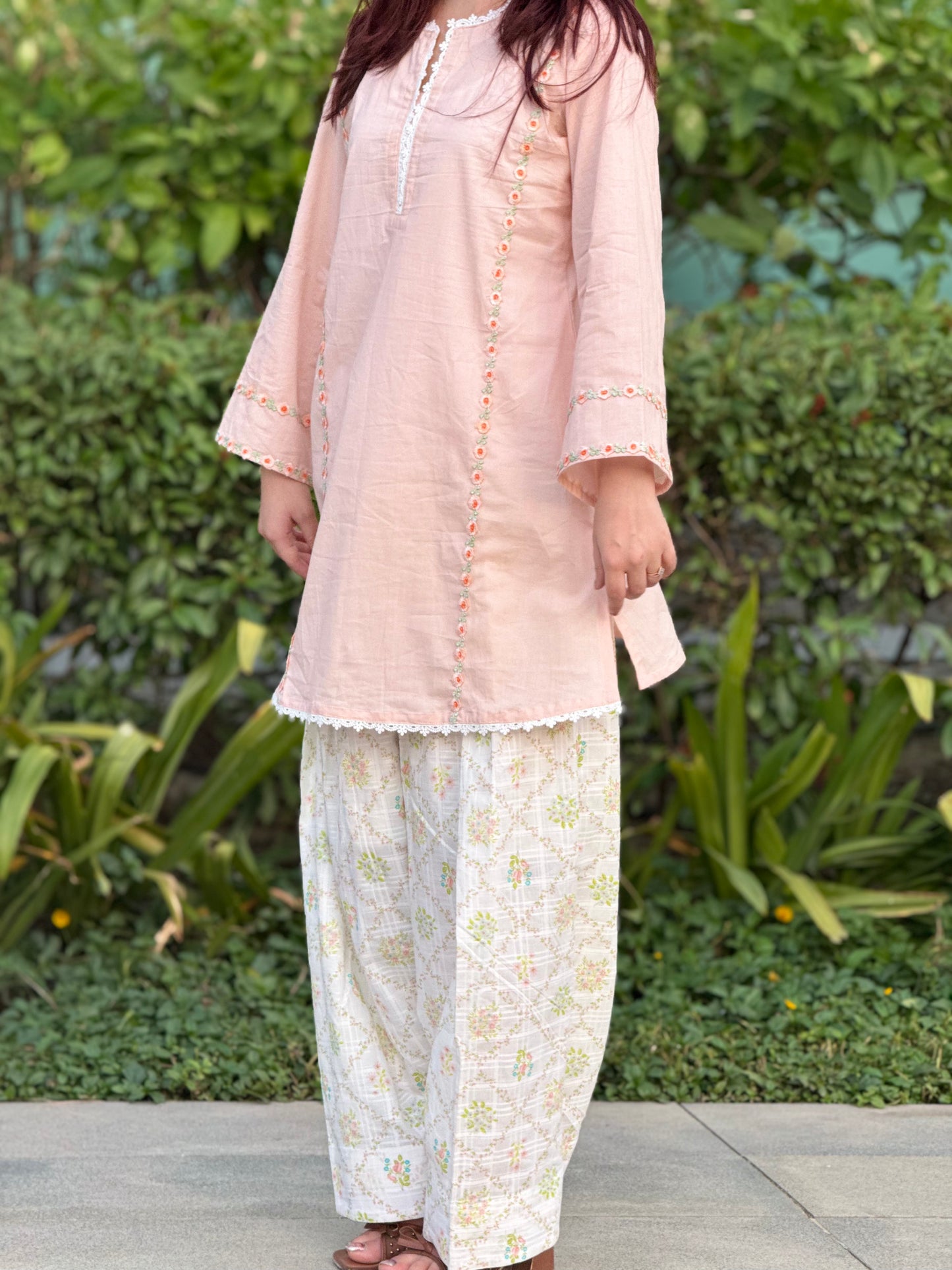 Peach Cotton Cambric Kurta with Printed Farshi Shalwar Set | 2-Piece Ethnic Outfit