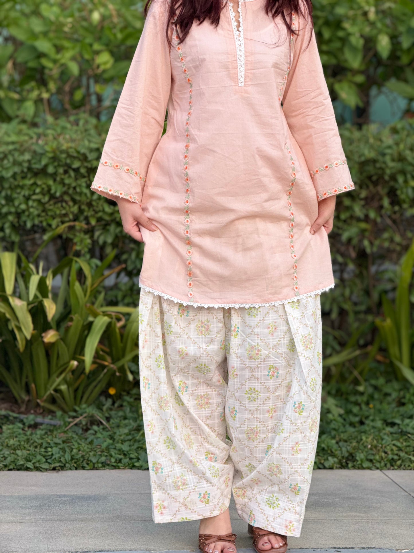 Peach Cotton Cambric Kurta with Printed Farshi Shalwar Set | 2-Piece Ethnic Outfit