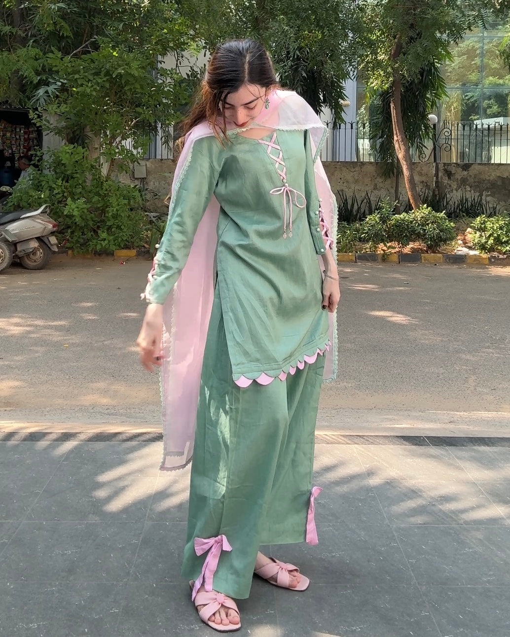 Mint Green Cotton Silk Farshi Suit Set with Pink Dupatta