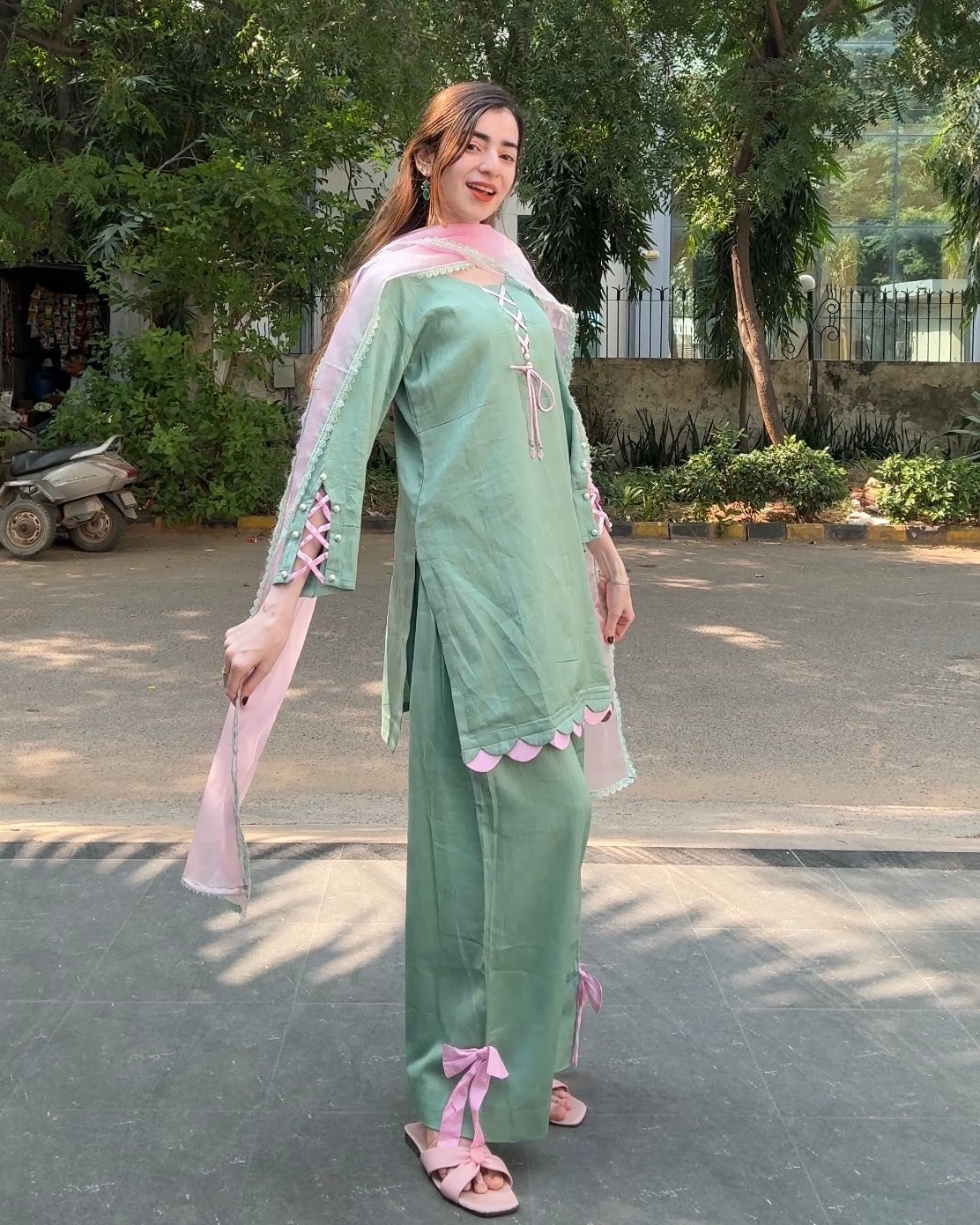 Mint Green Cotton Silk Farshi Suit Set with Pink Dupatta