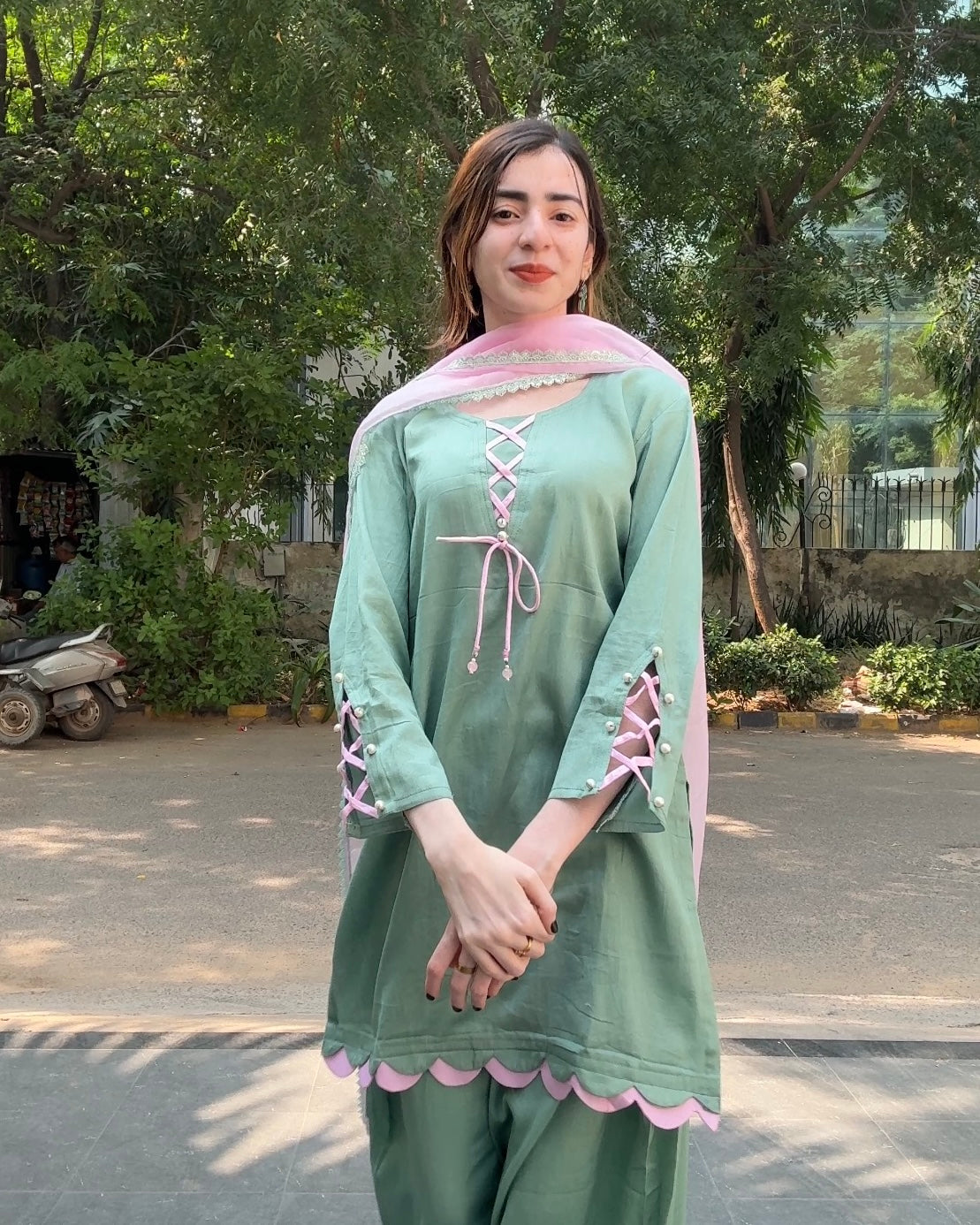 Mint Green Cotton Silk Farshi Suit Set with Pink Dupatta