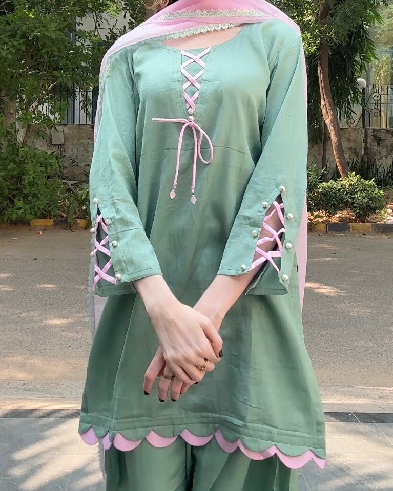 Mint Green Cotton Silk Farshi Suit Set with Pink Dupatta