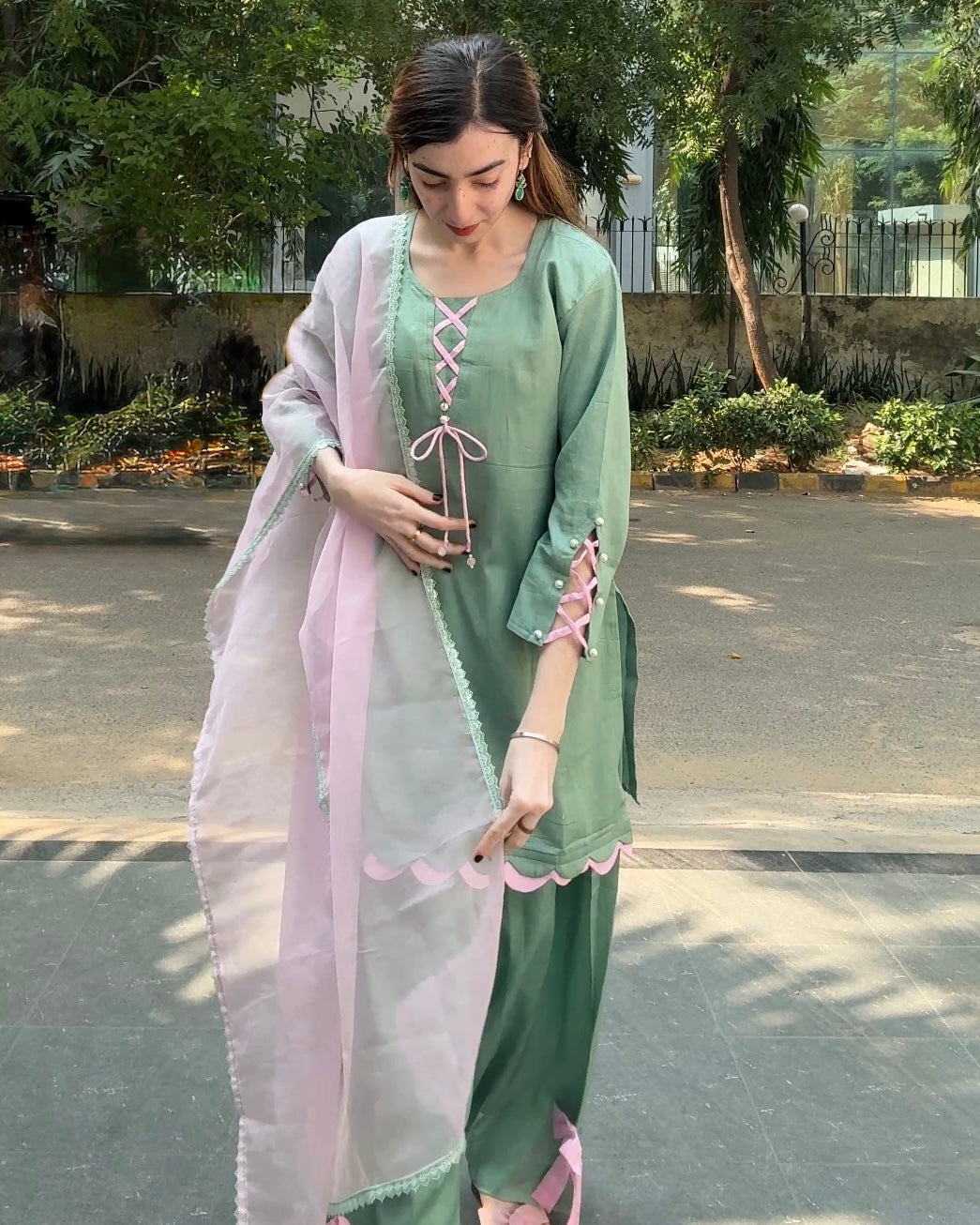 Mint Green Cotton Silk Farshi Suit Set with Pink Dupatta