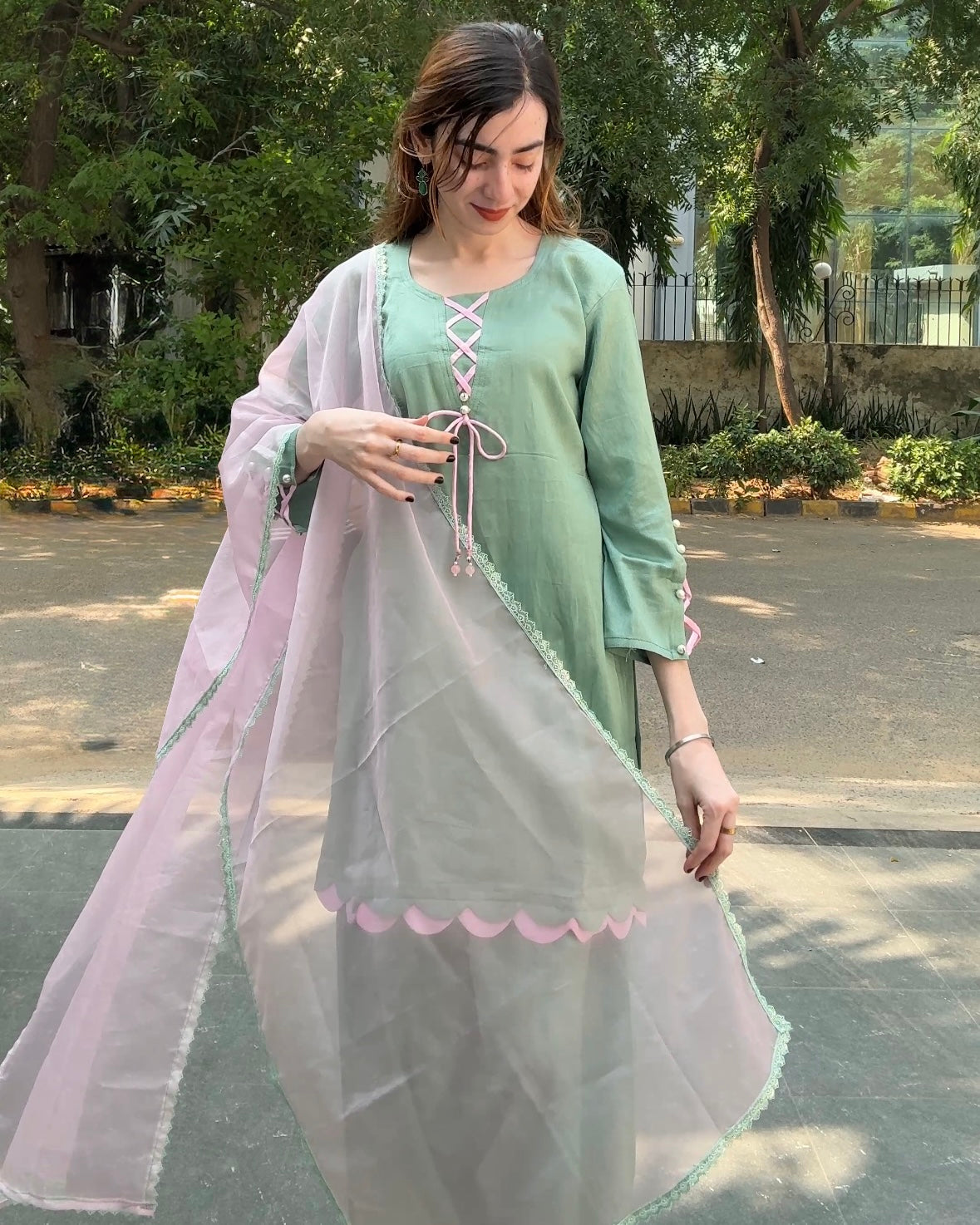 Mint Green Cotton Silk Farshi Suit Set with Pink Dupatta