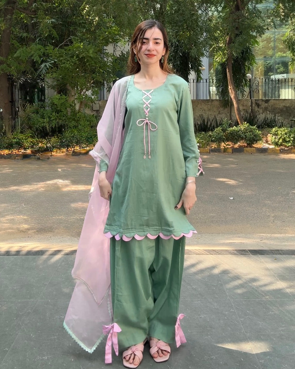 Mint Green Cotton Silk Farshi Suit Set with Pink Dupatta