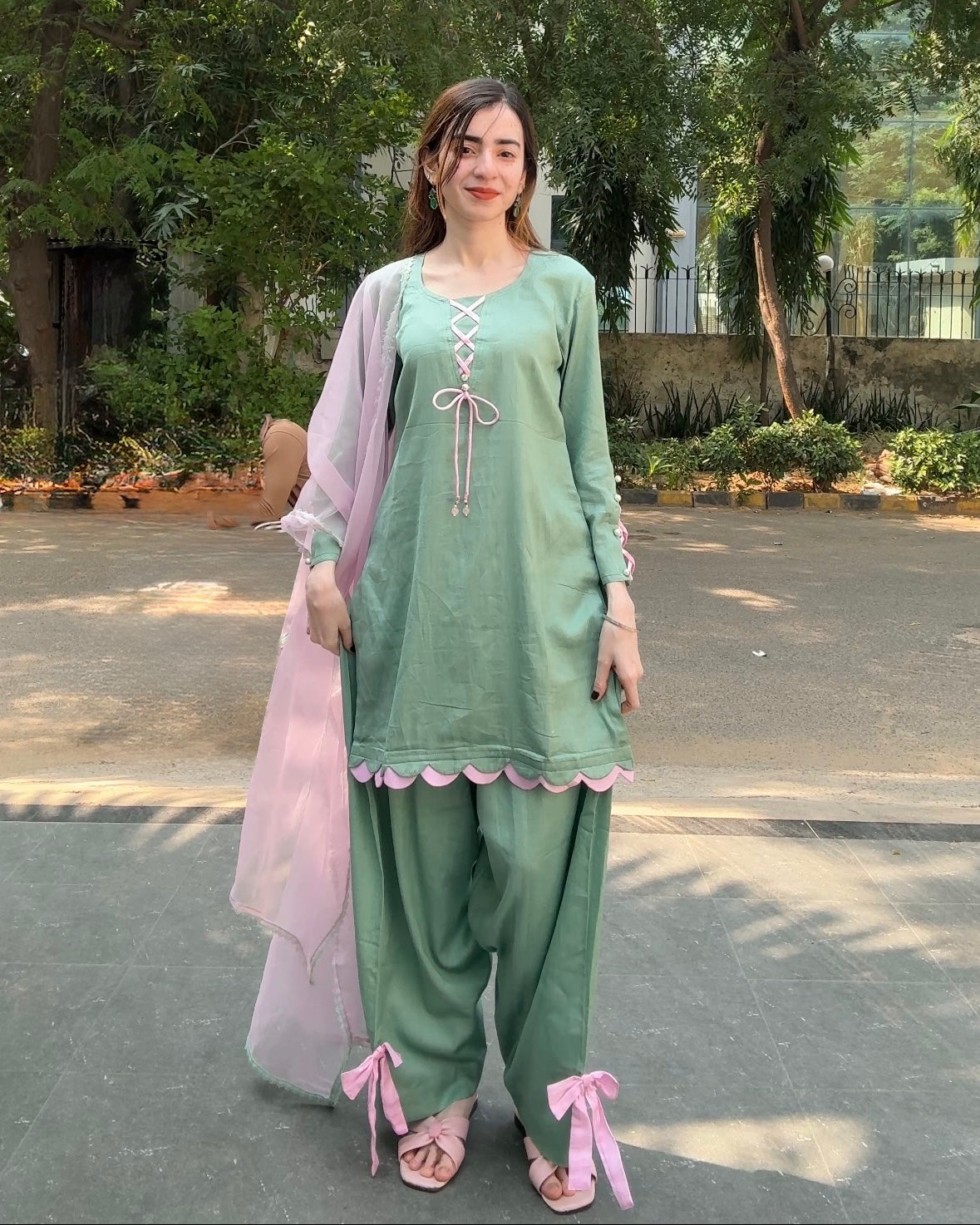 Mint Green Cotton Silk Farshi Suit Set with Pink Dupatta