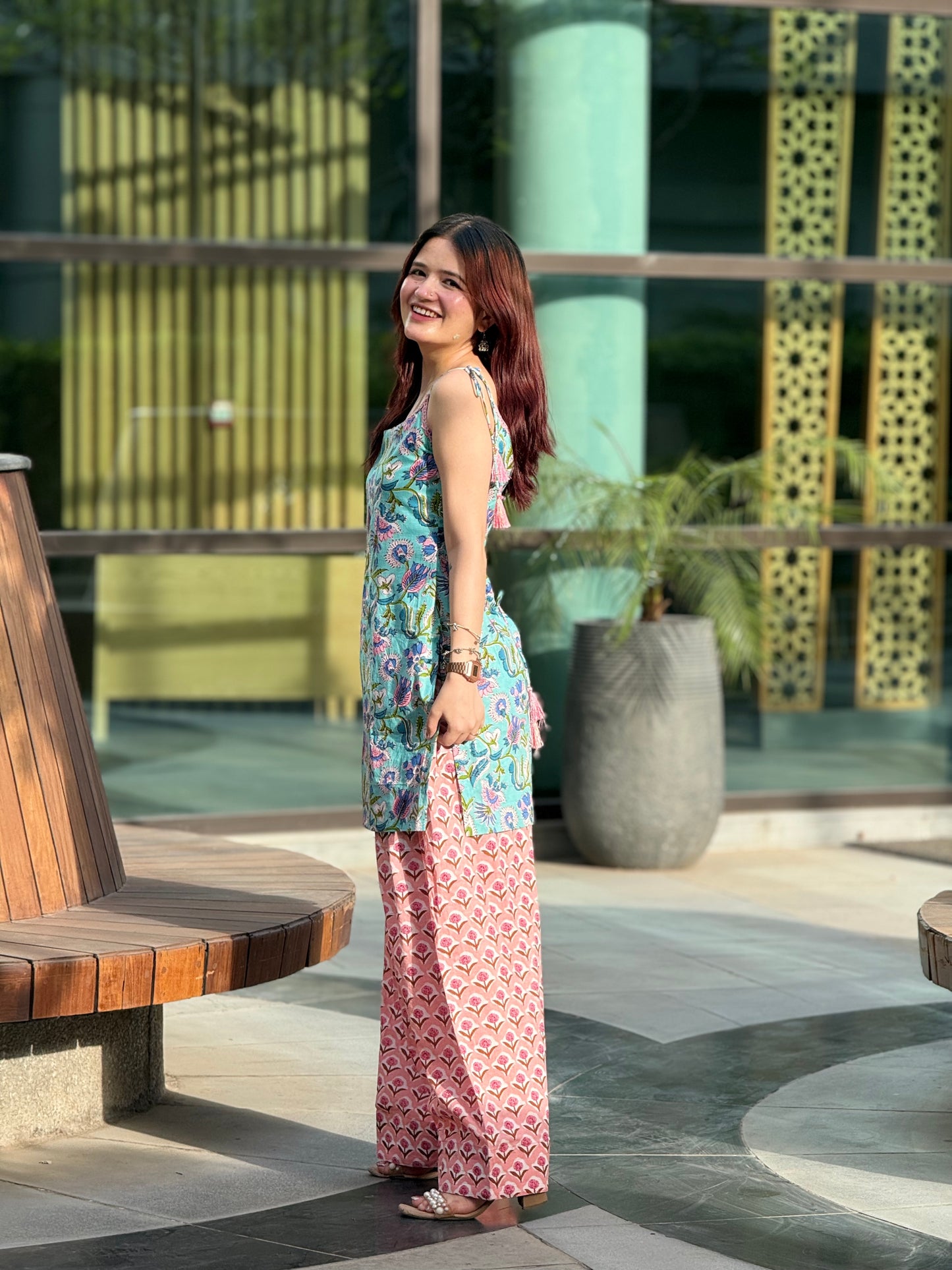 Hand block Print Cotton Farshi Suit Set with Lace-Up Back Detailing