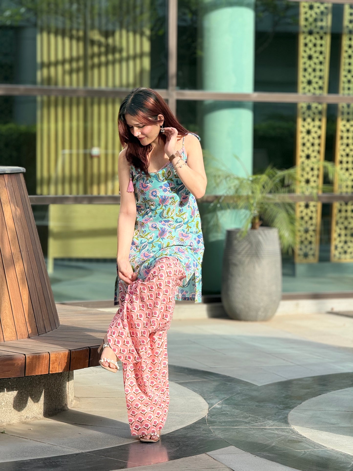 Hand block Print Cotton Farshi Suit Set with Lace-Up Back Detailing