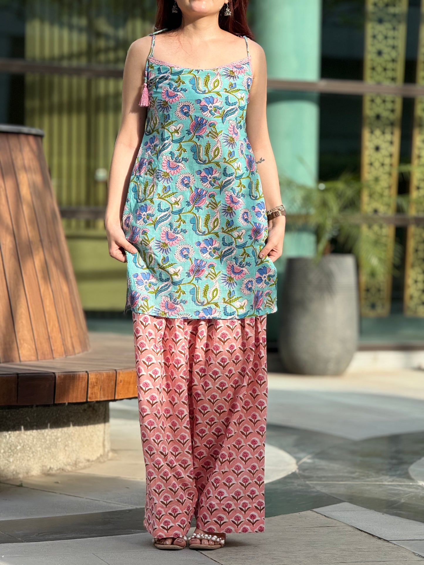 Hand block Print Cotton Farshi Suit Set with Lace-Up Back Detailing