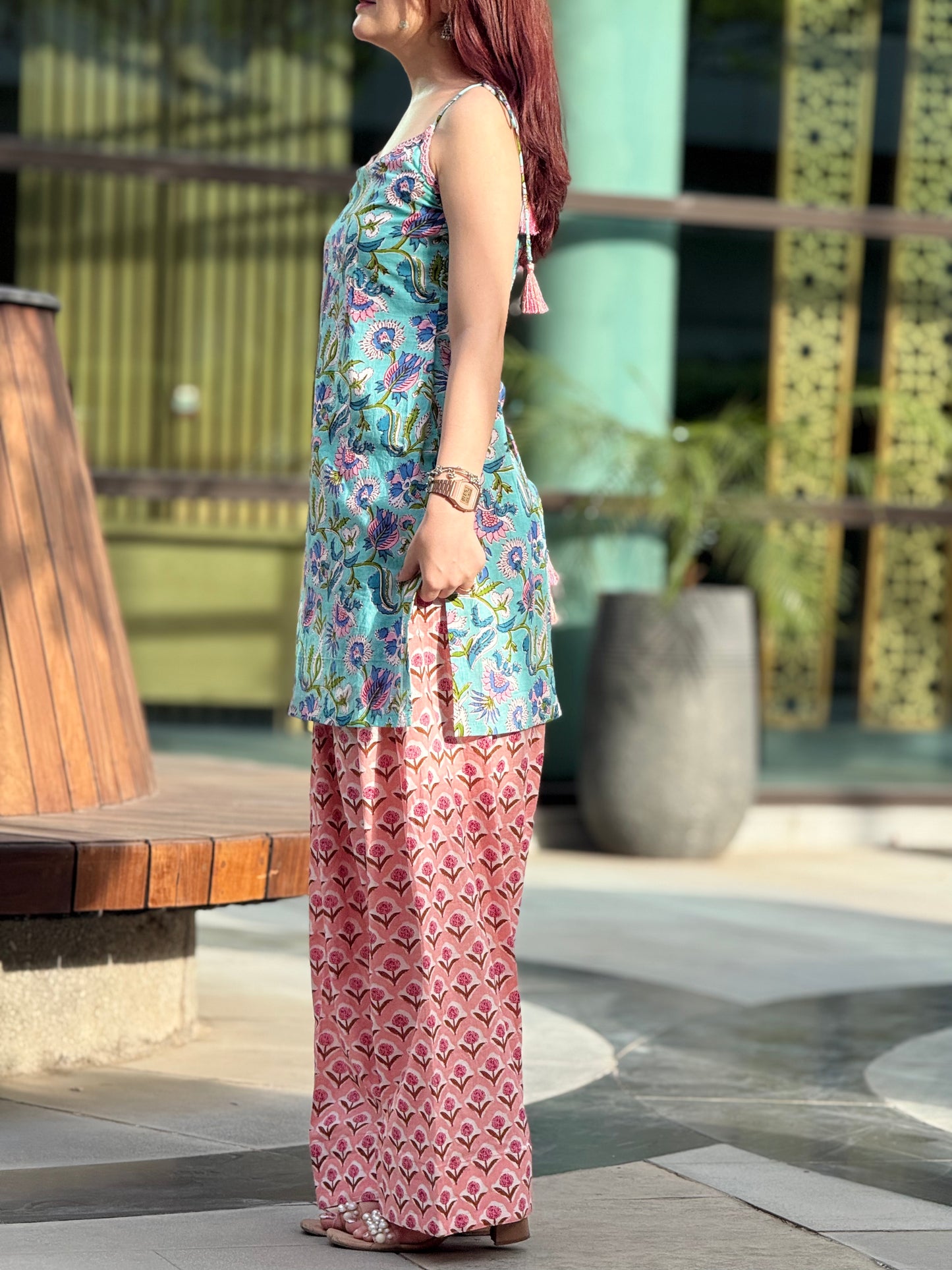 Hand block Print Cotton Farshi Suit Set with Lace-Up Back Detailing