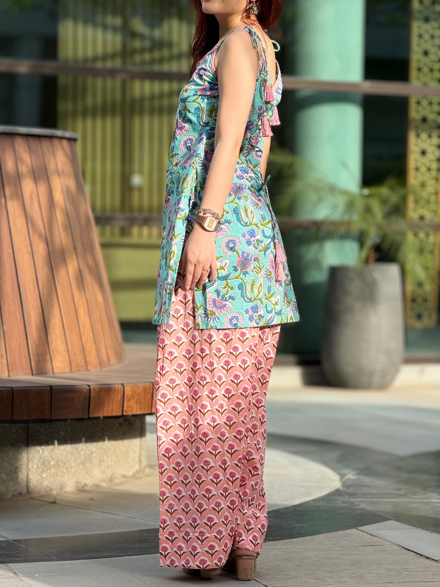Hand block Print Cotton Farshi Suit Set with Lace-Up Back Detailing