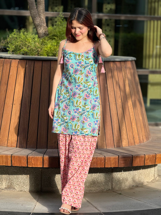Hand block Print Cotton Farshi Suit Set with Lace-Up Back Detailing