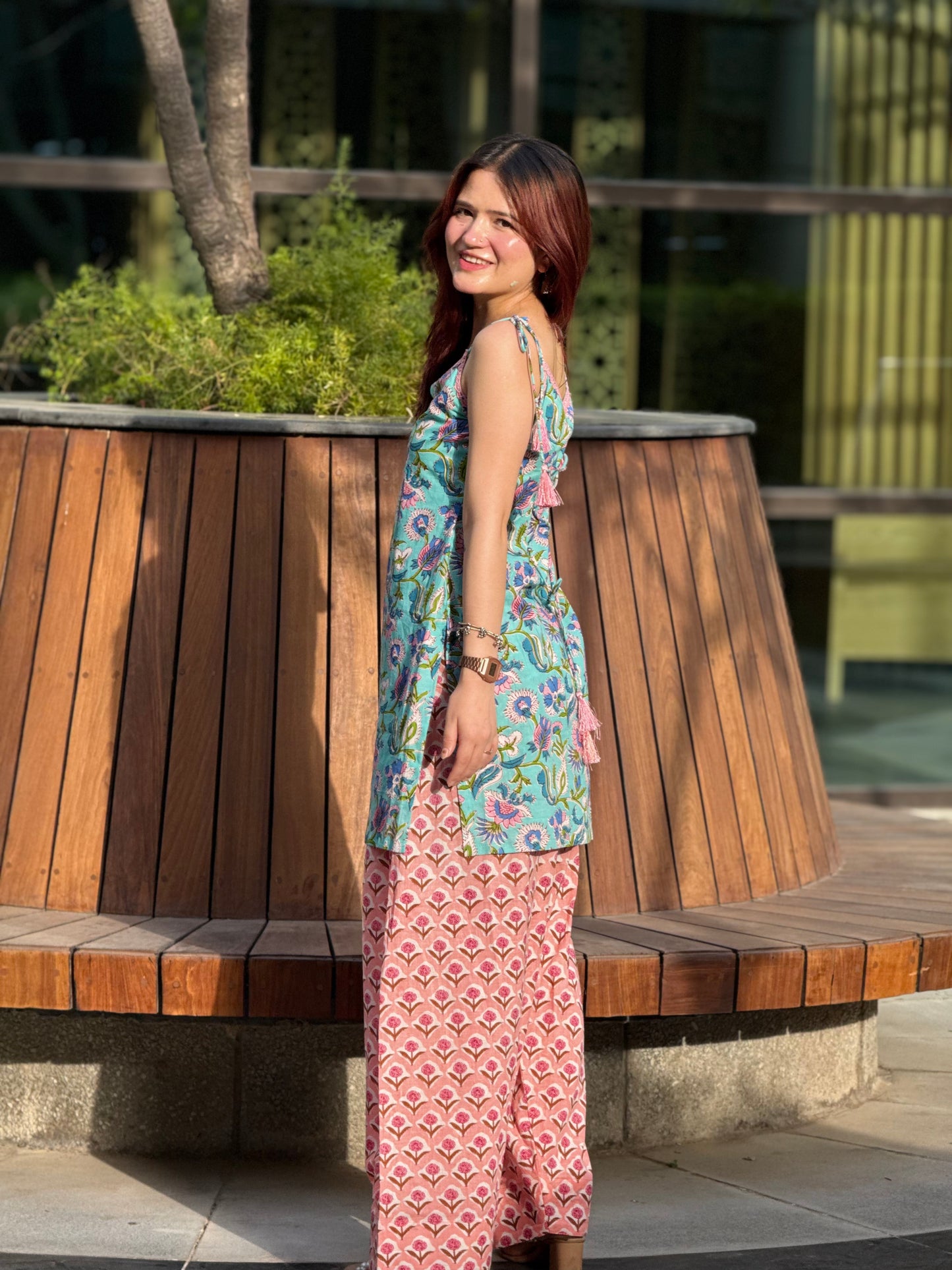 Hand block Print Cotton Farshi Suit Set with Lace-Up Back Detailing