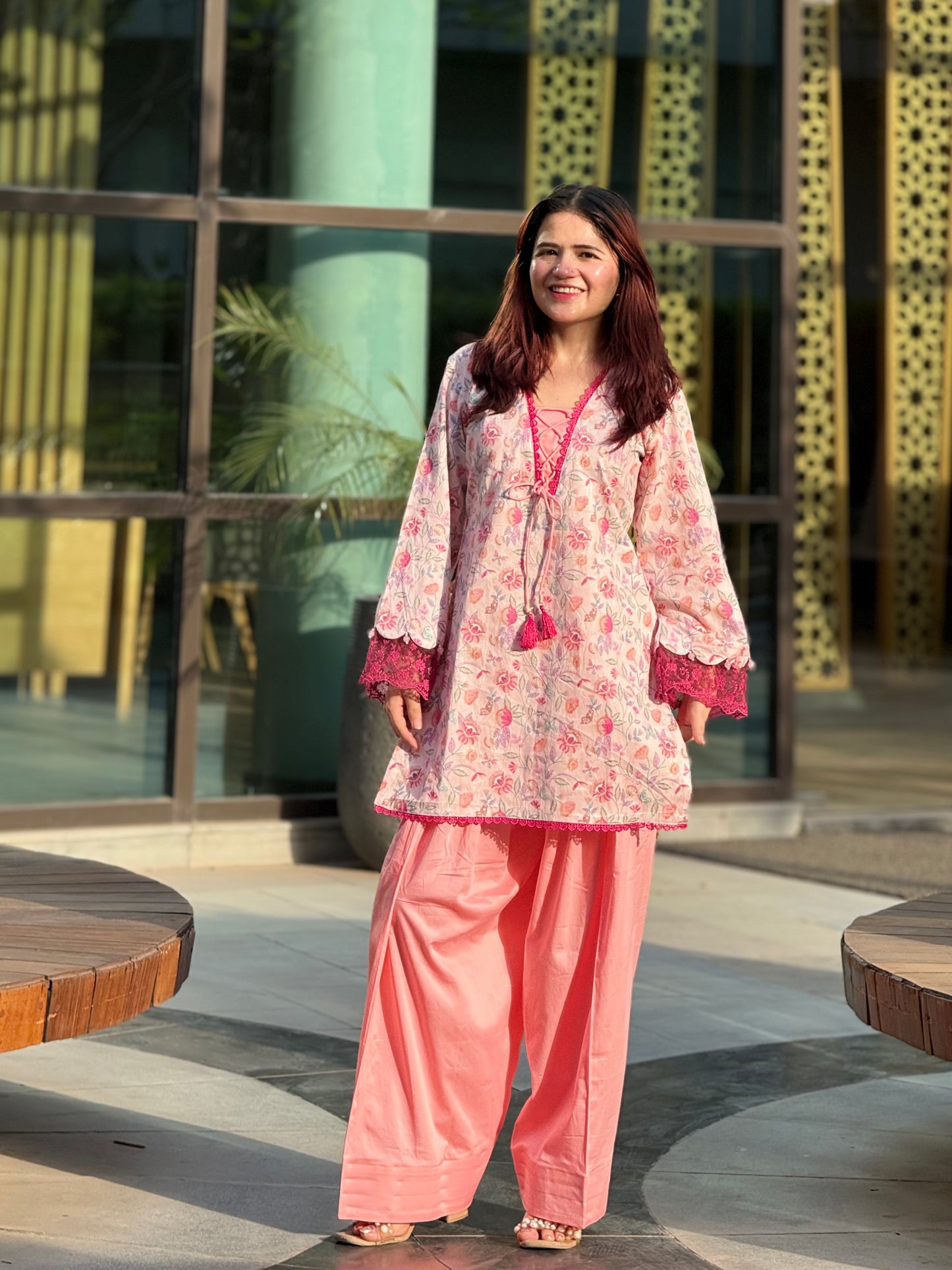 Cotton Silk Floral Print Farshi Suit with Lace Work – Blush Pink