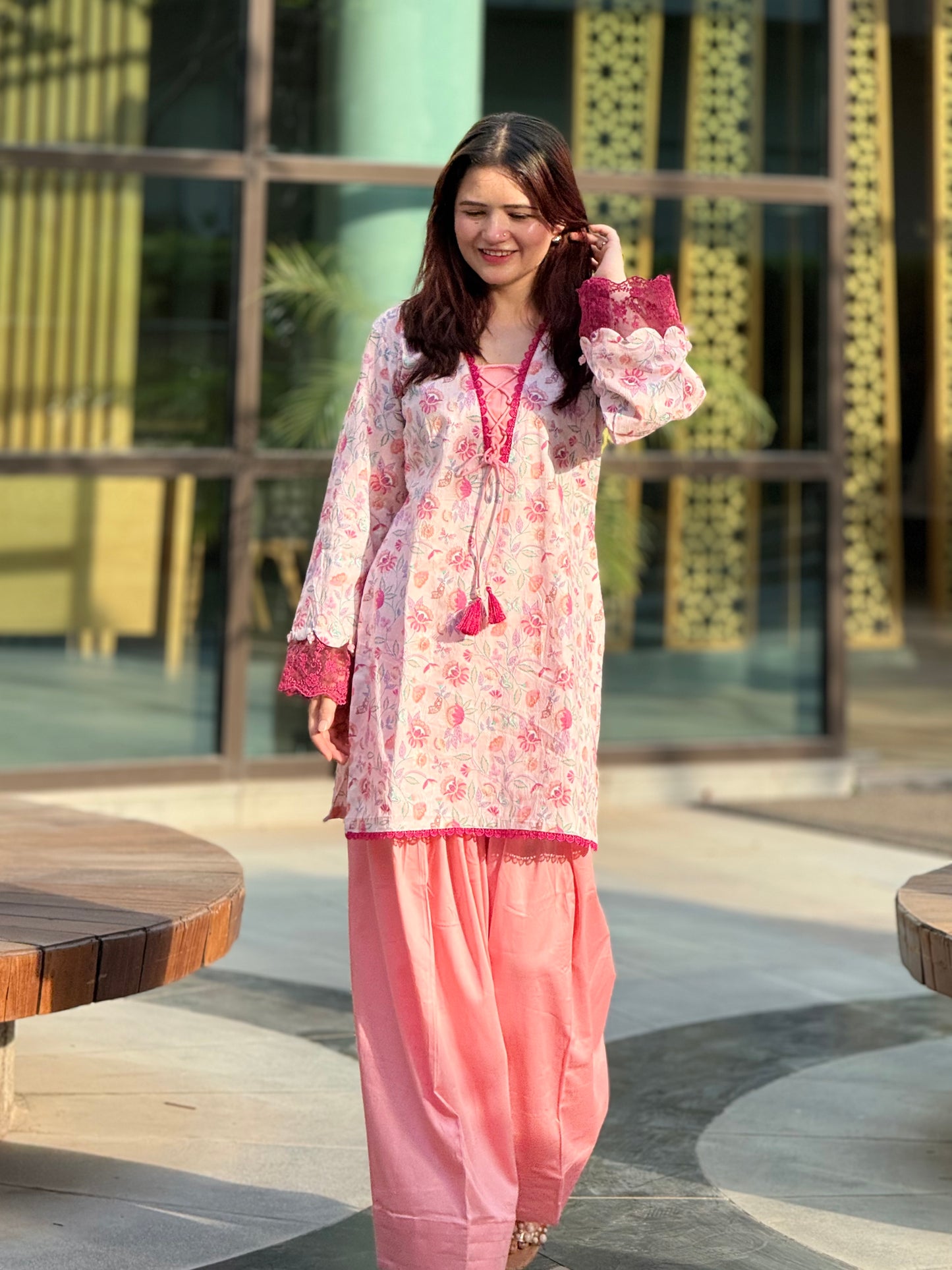 Cotton Silk Floral Print Farshi Suit with Lace Work – Blush Pink
