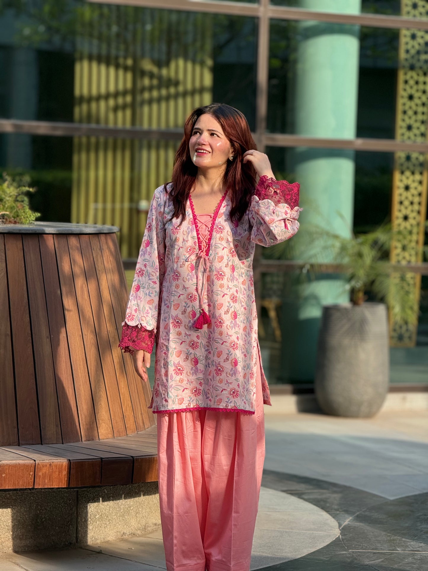 Cotton Silk Floral Print Farshi Suit with Lace Work – Blush Pink
