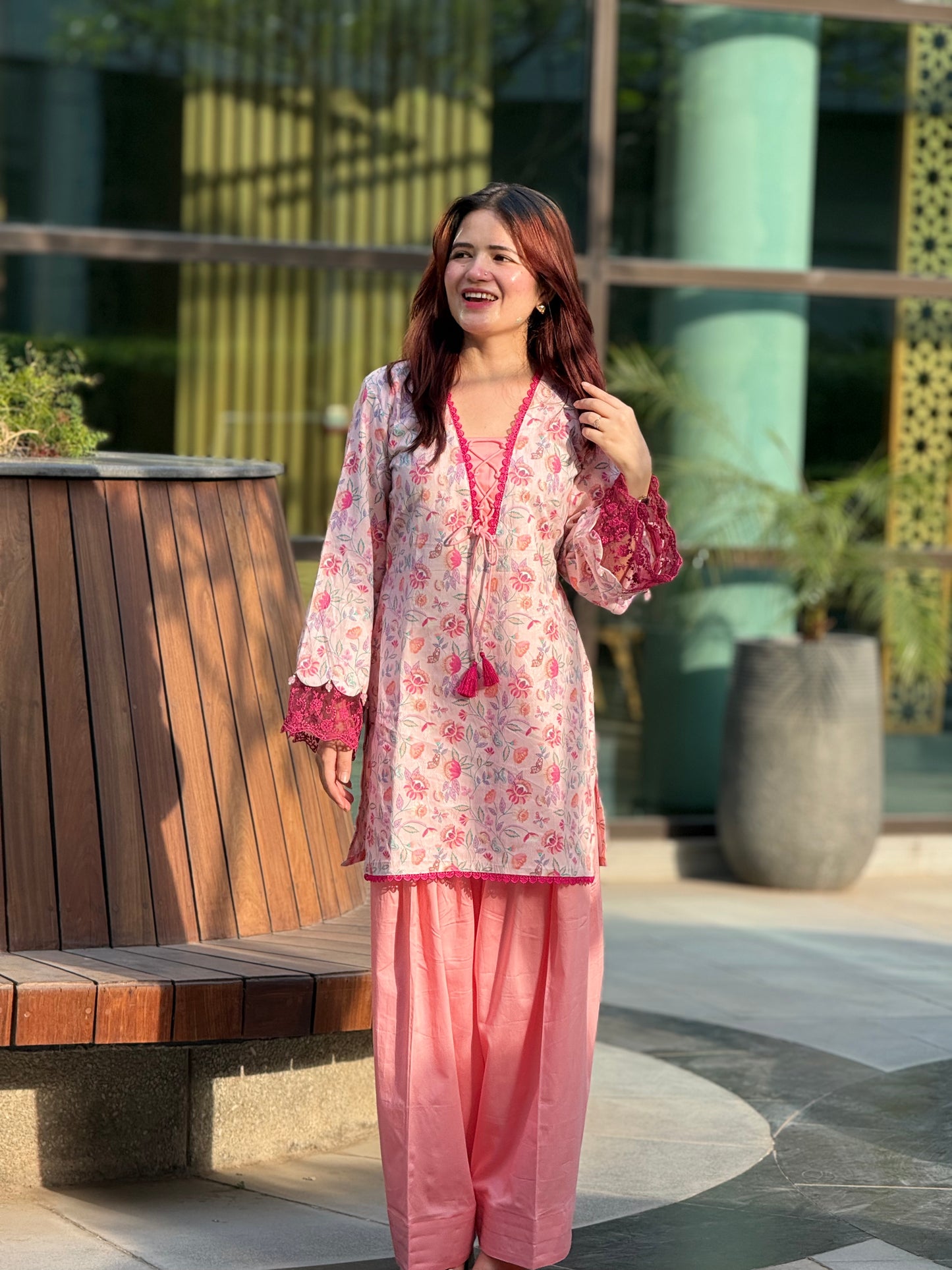 Cotton Silk Floral Print Farshi Suit with Lace Work – Blush Pink