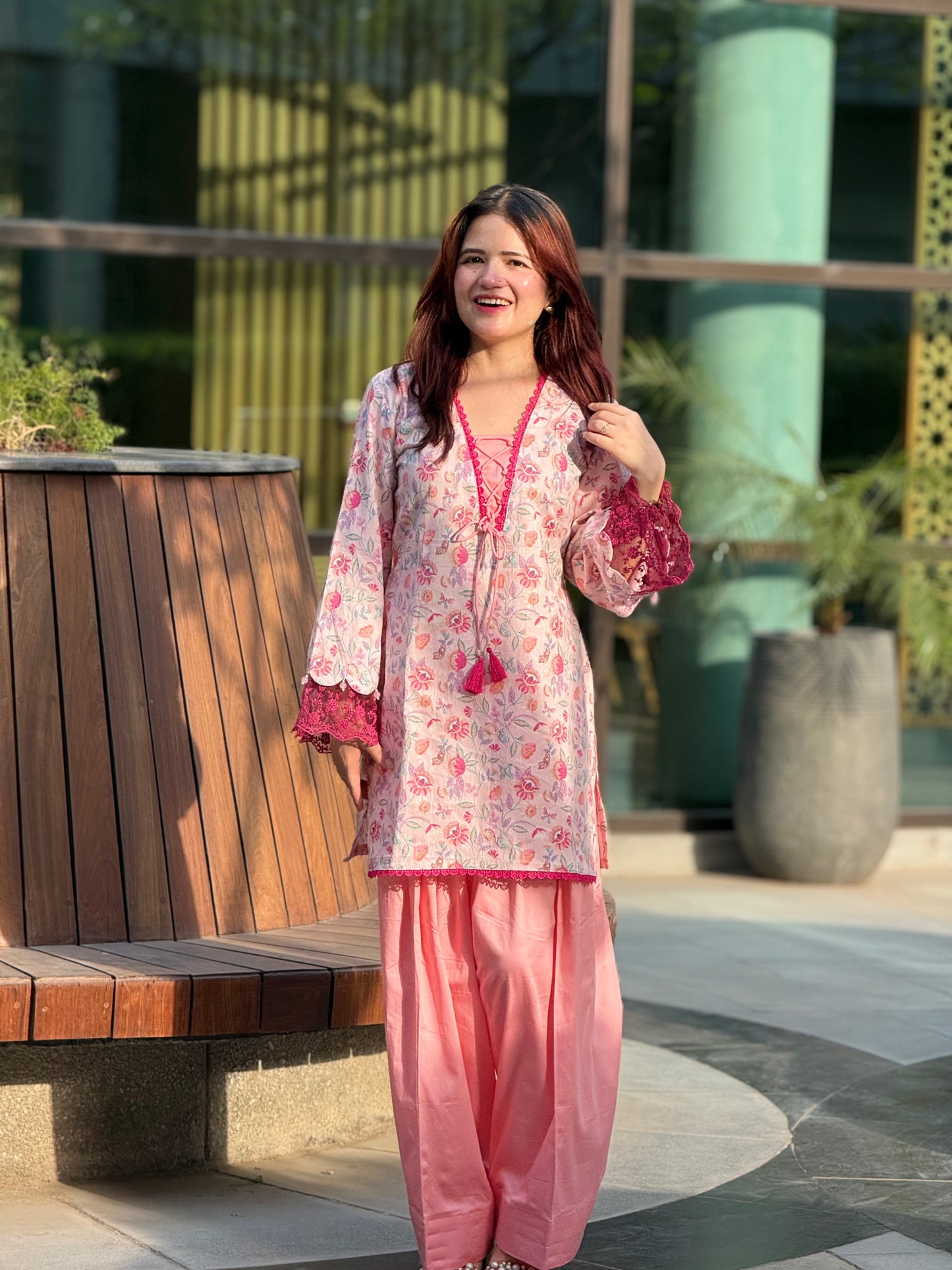 Cotton Silk Floral Print Farshi Suit with Lace Work – Blush Pink