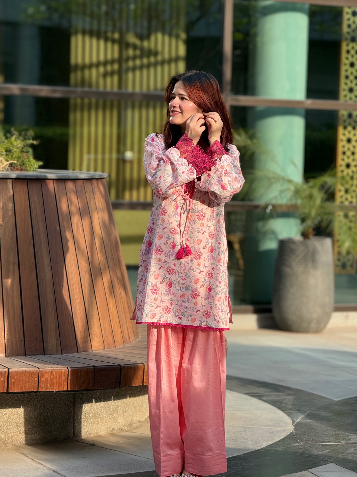 Cotton Silk Floral Print Farshi Suit with Lace Work – Blush Pink