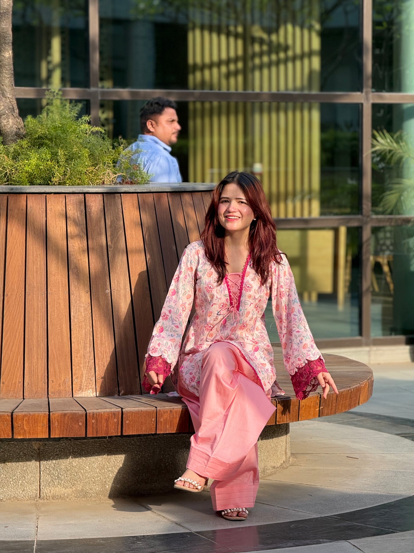 Cotton Silk Floral Print Farshi Suit with Lace Work – Blush Pink