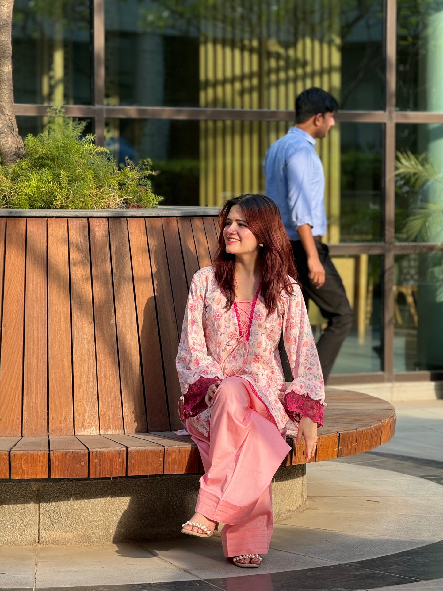 Cotton Silk Floral Print Farshi Suit with Lace Work – Blush Pink