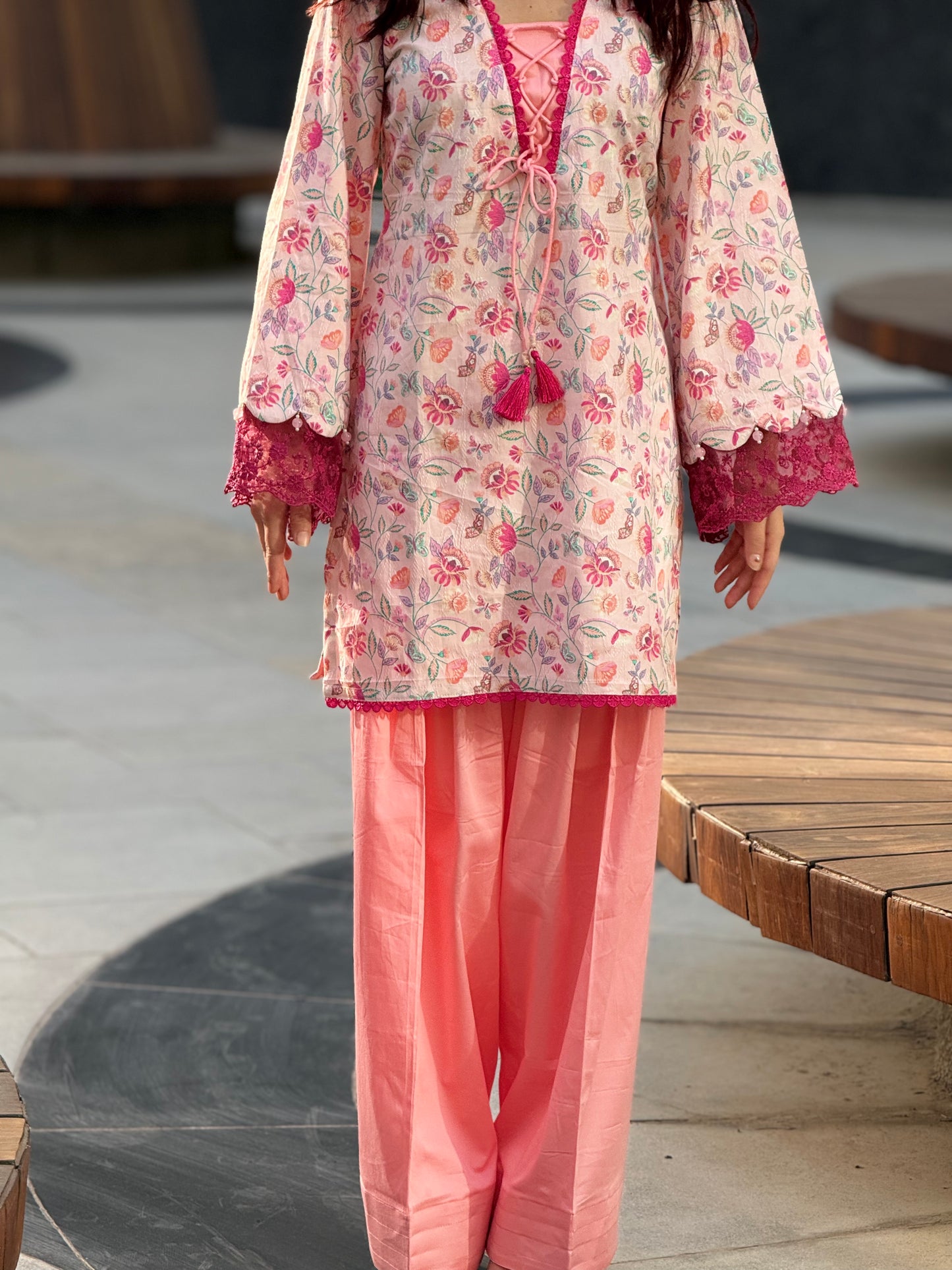 Cotton Silk Floral Print Farshi Suit with Lace Work – Blush Pink