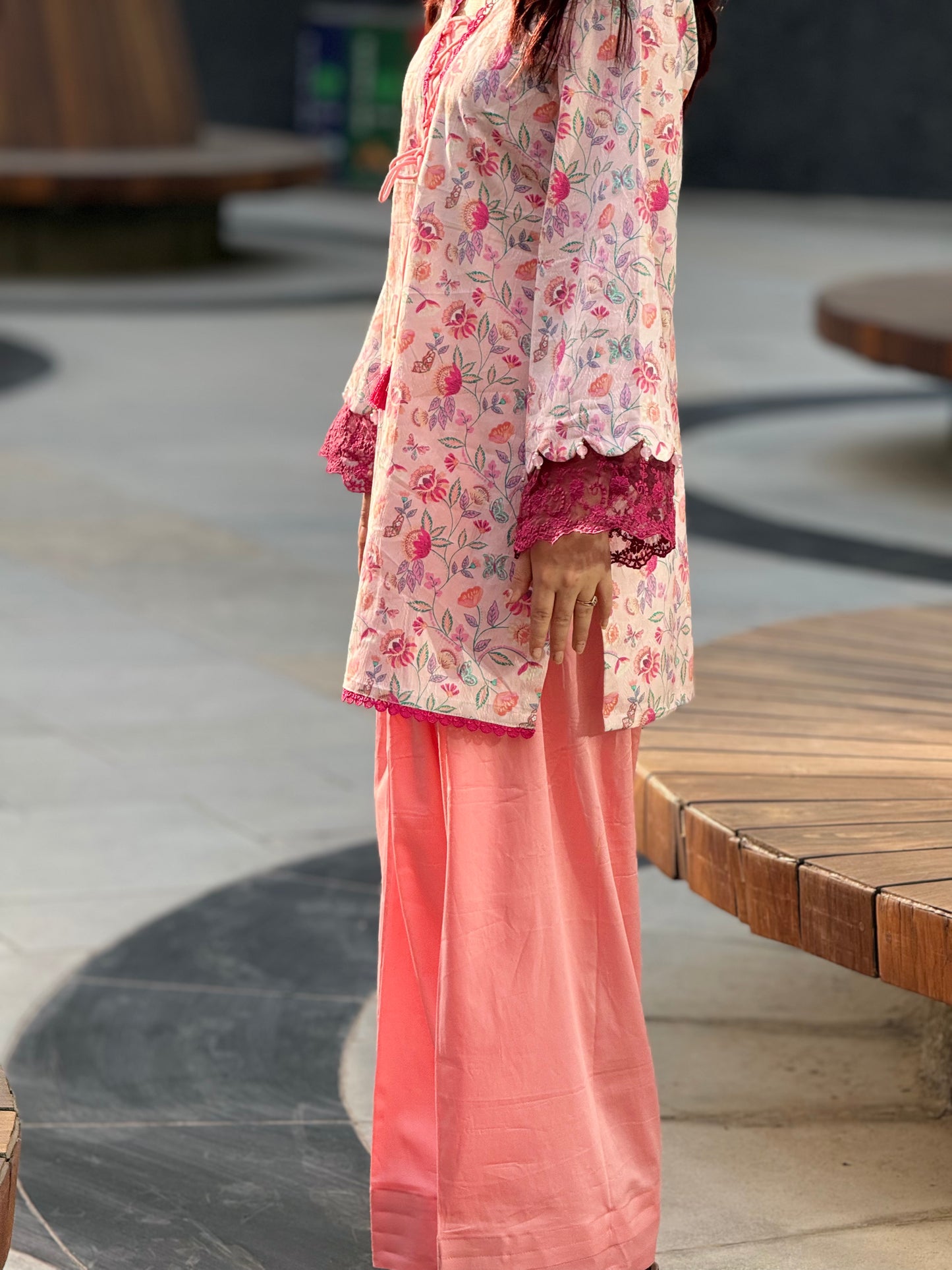 Cotton Silk Floral Print Farshi Suit with Lace Work – Blush Pink
