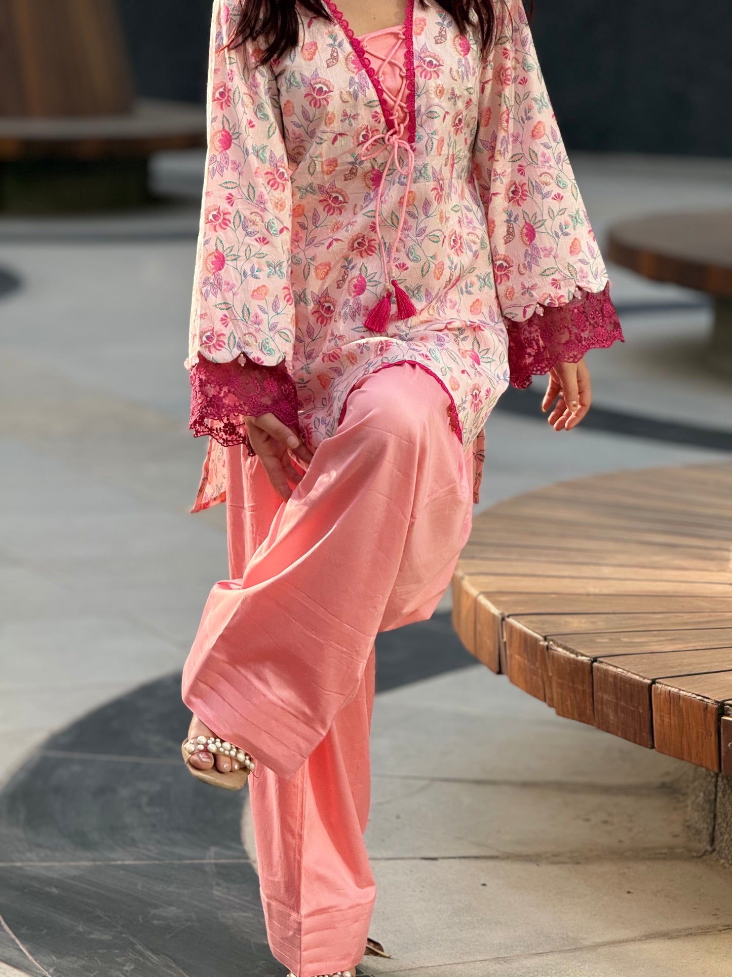 Cotton Silk Floral Print Farshi Suit with Lace Work – Blush Pink