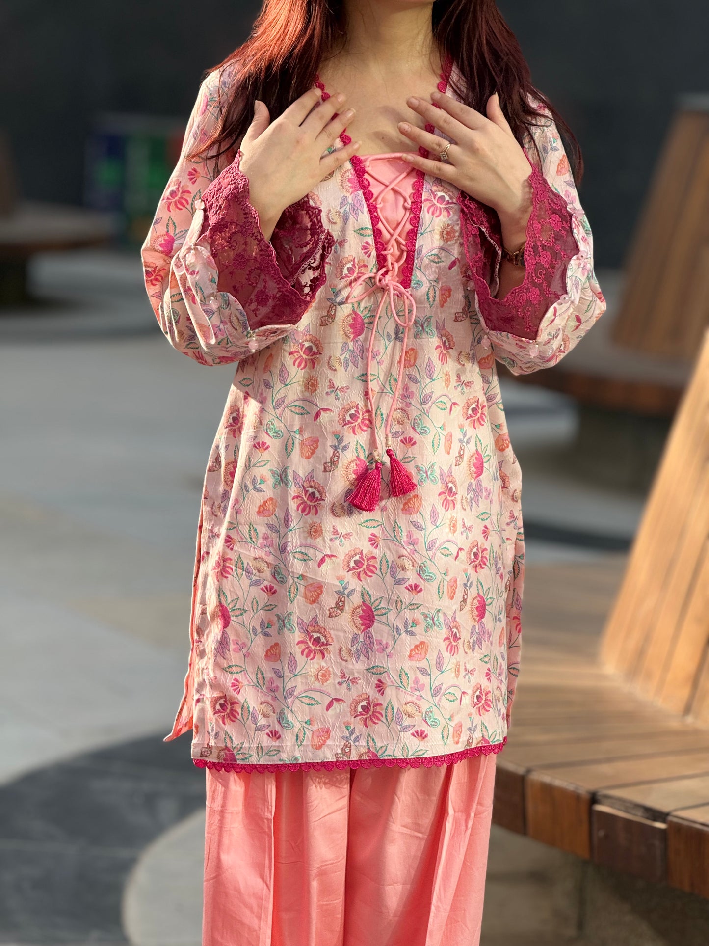 Cotton Silk Floral Print Farshi Suit with Lace Work – Blush Pink