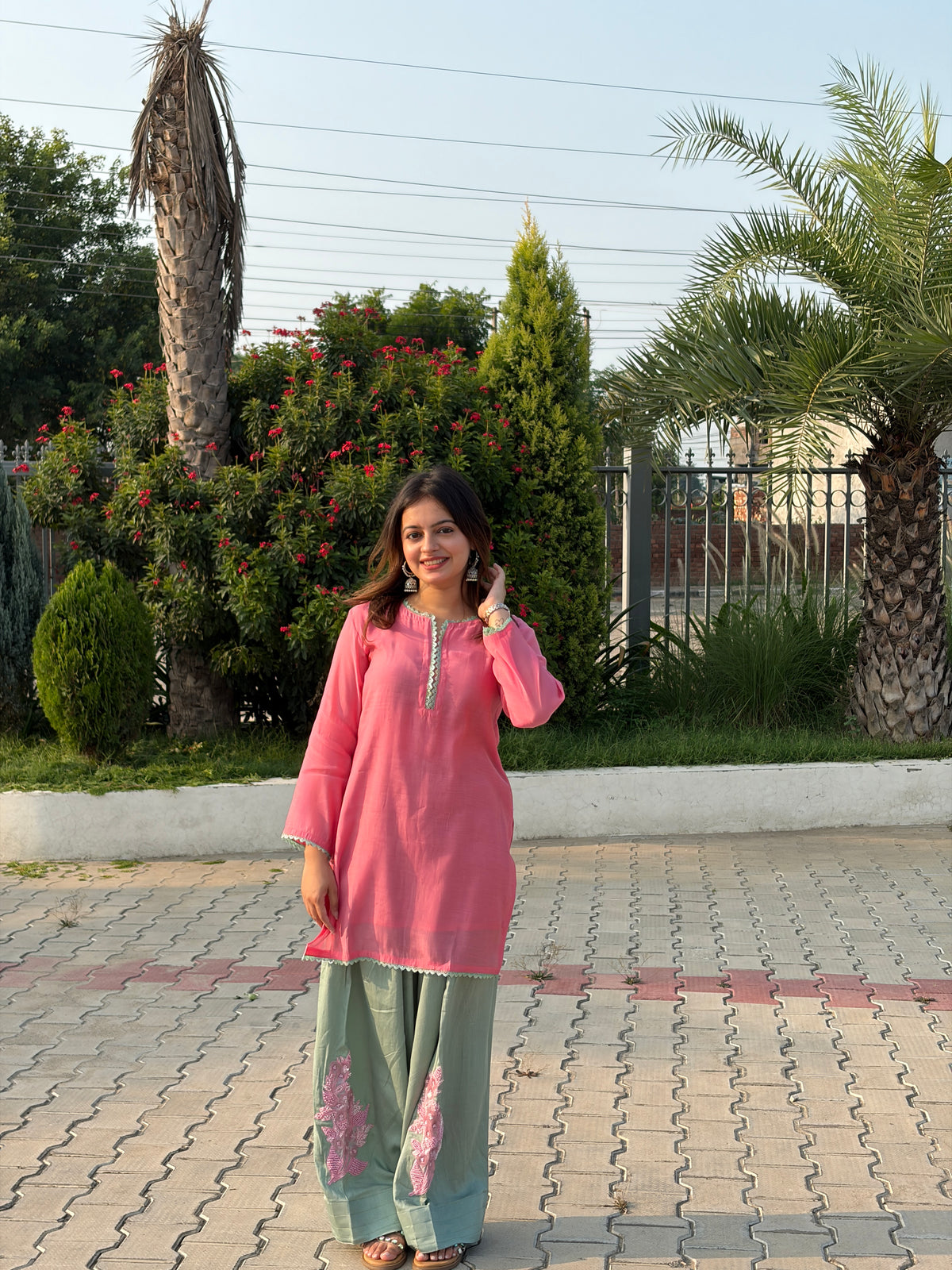 Pink & Sage Mal Chanderi Farshi Suit Set