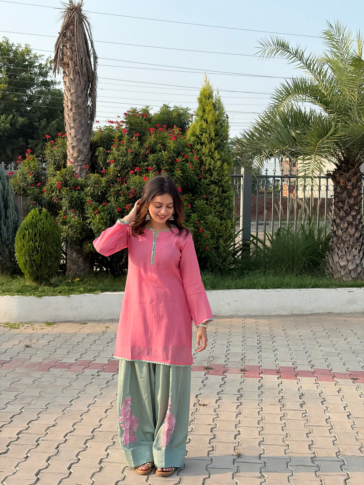 Pink & Sage Mal Chanderi Farshi Suit Set