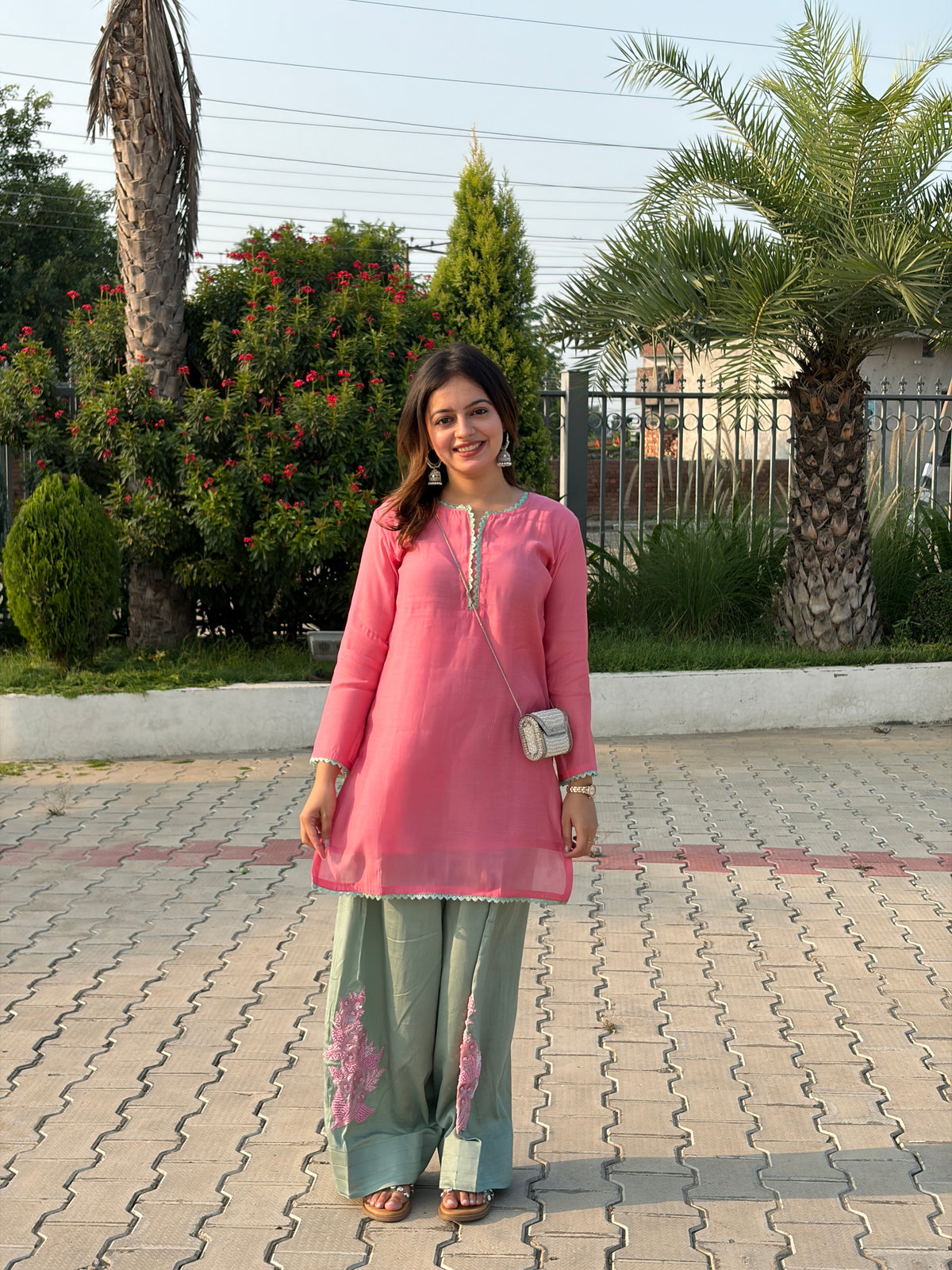 Pink & Sage Mal Chanderi Farshi Suit Set