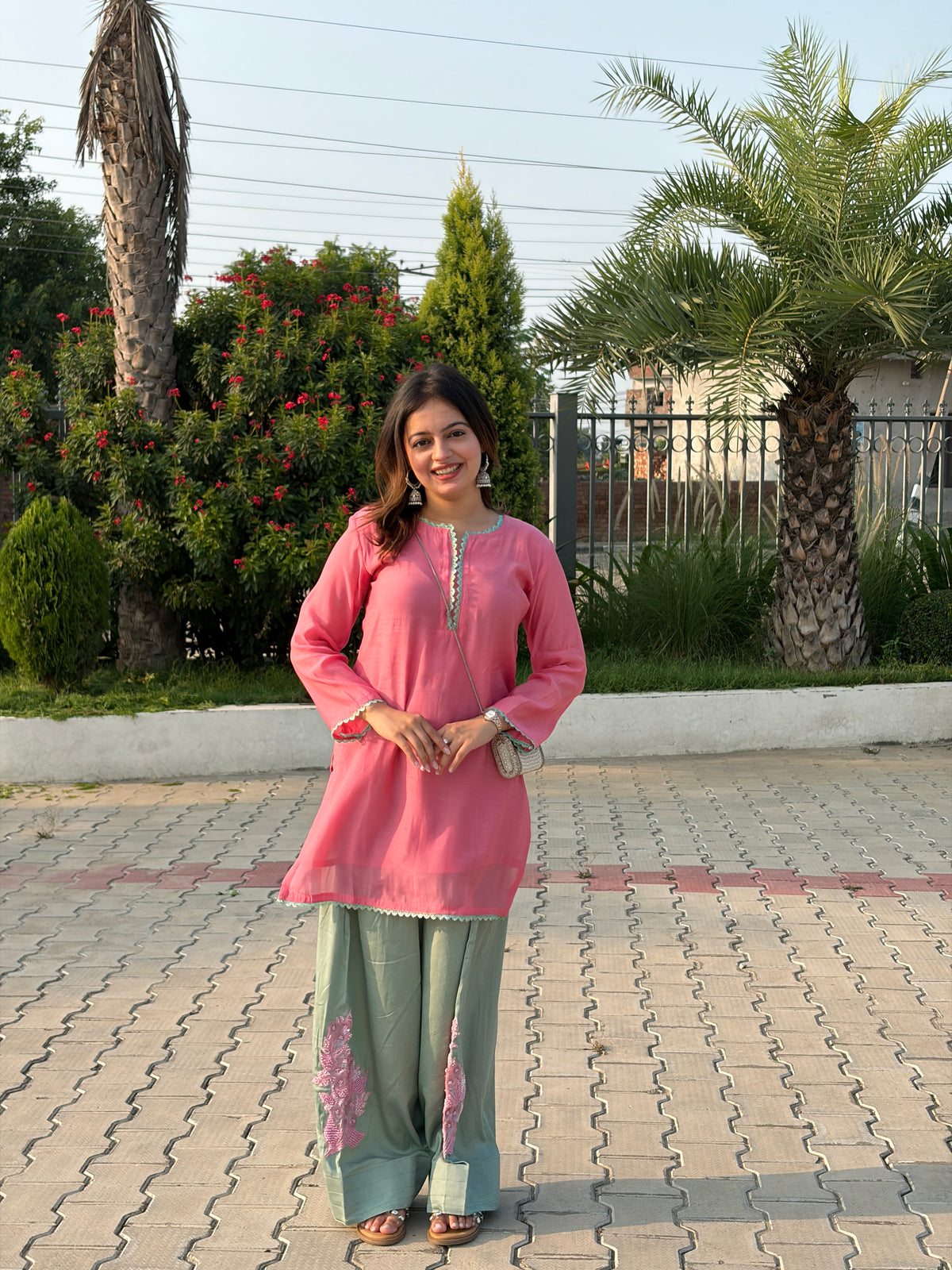 Pink & Sage Mal Chanderi Farshi Suit Set