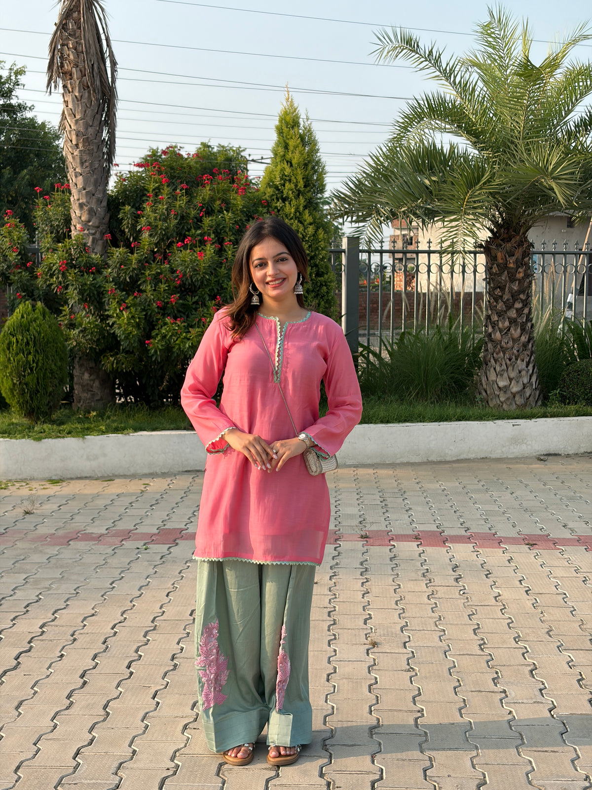 Pink & Sage Mal Chanderi Farshi Suit Set