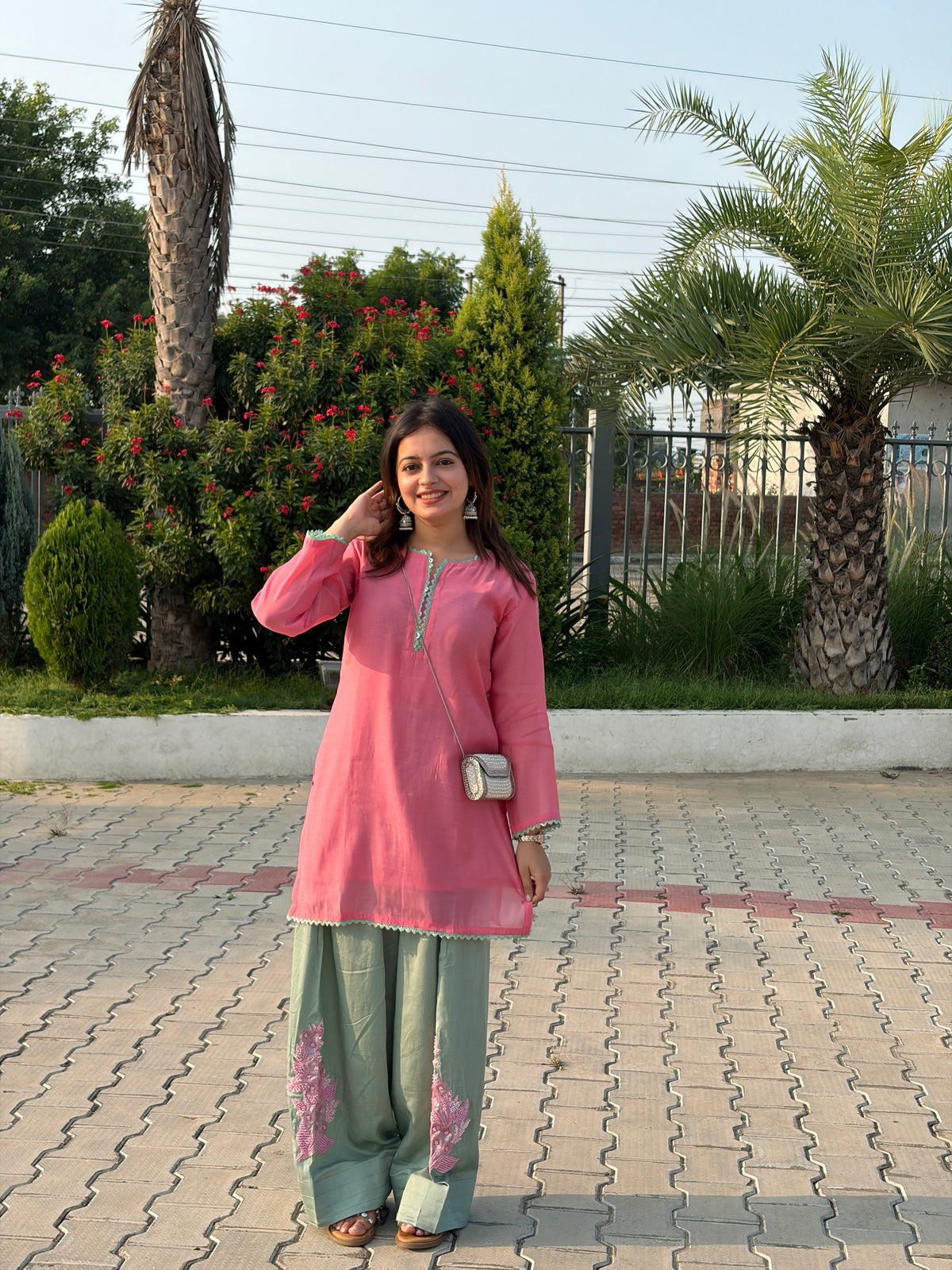 Pink & Sage Mal Chanderi Farshi Suit Set