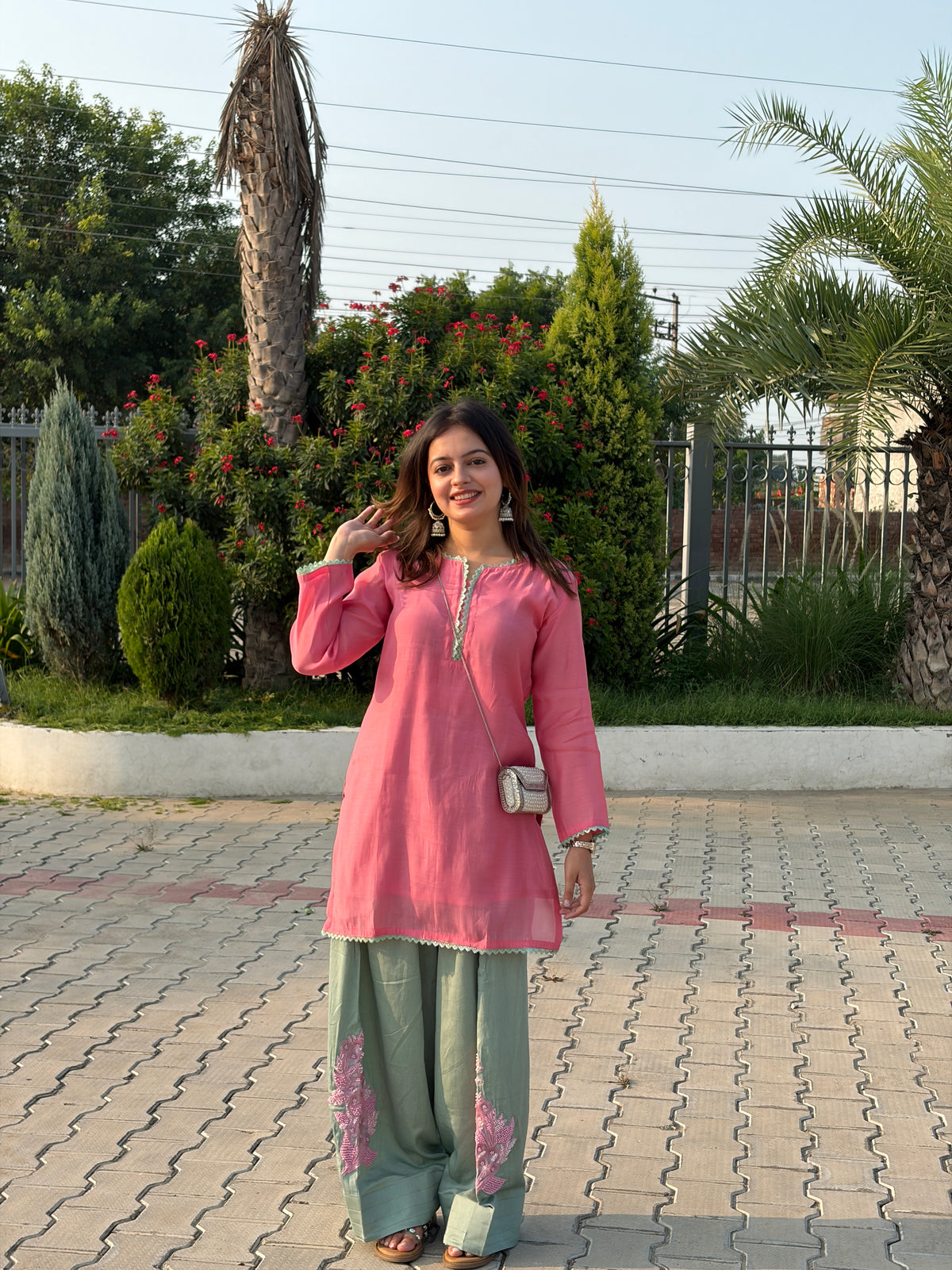 Pink & Sage Mal Chanderi Farshi Suit Set