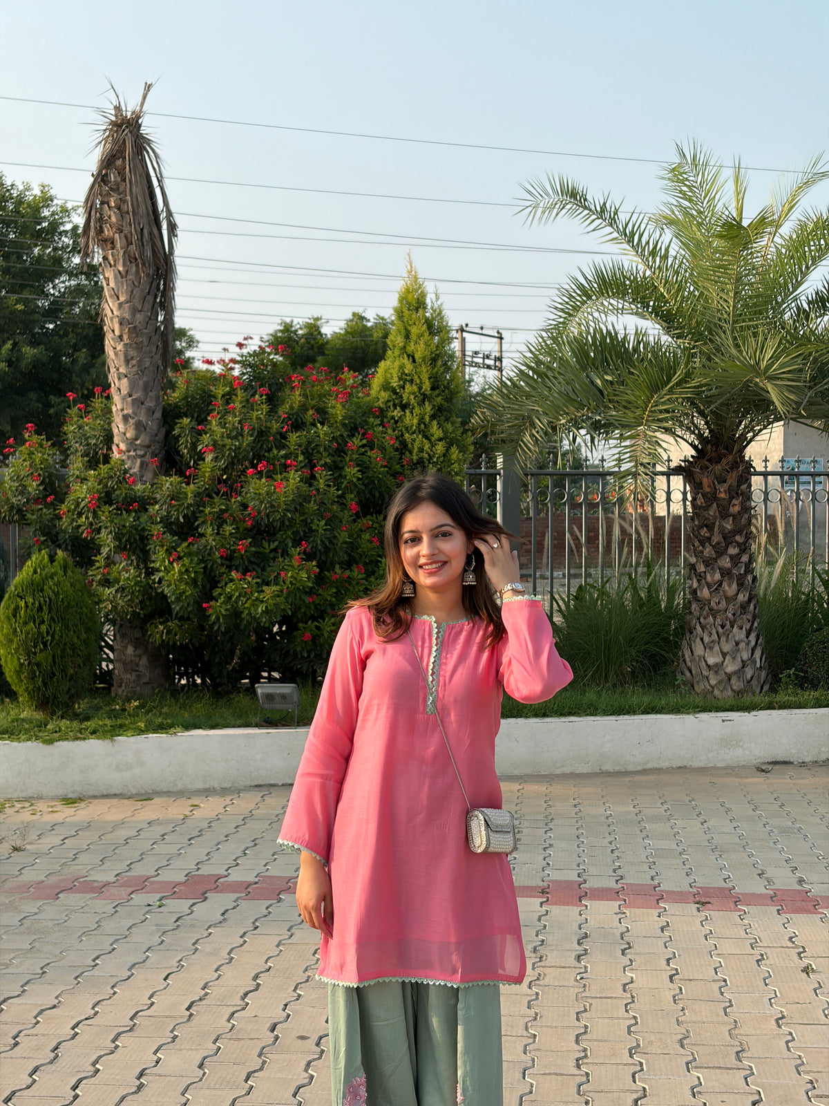 Pink & Sage Mal Chanderi Farshi Suit Set