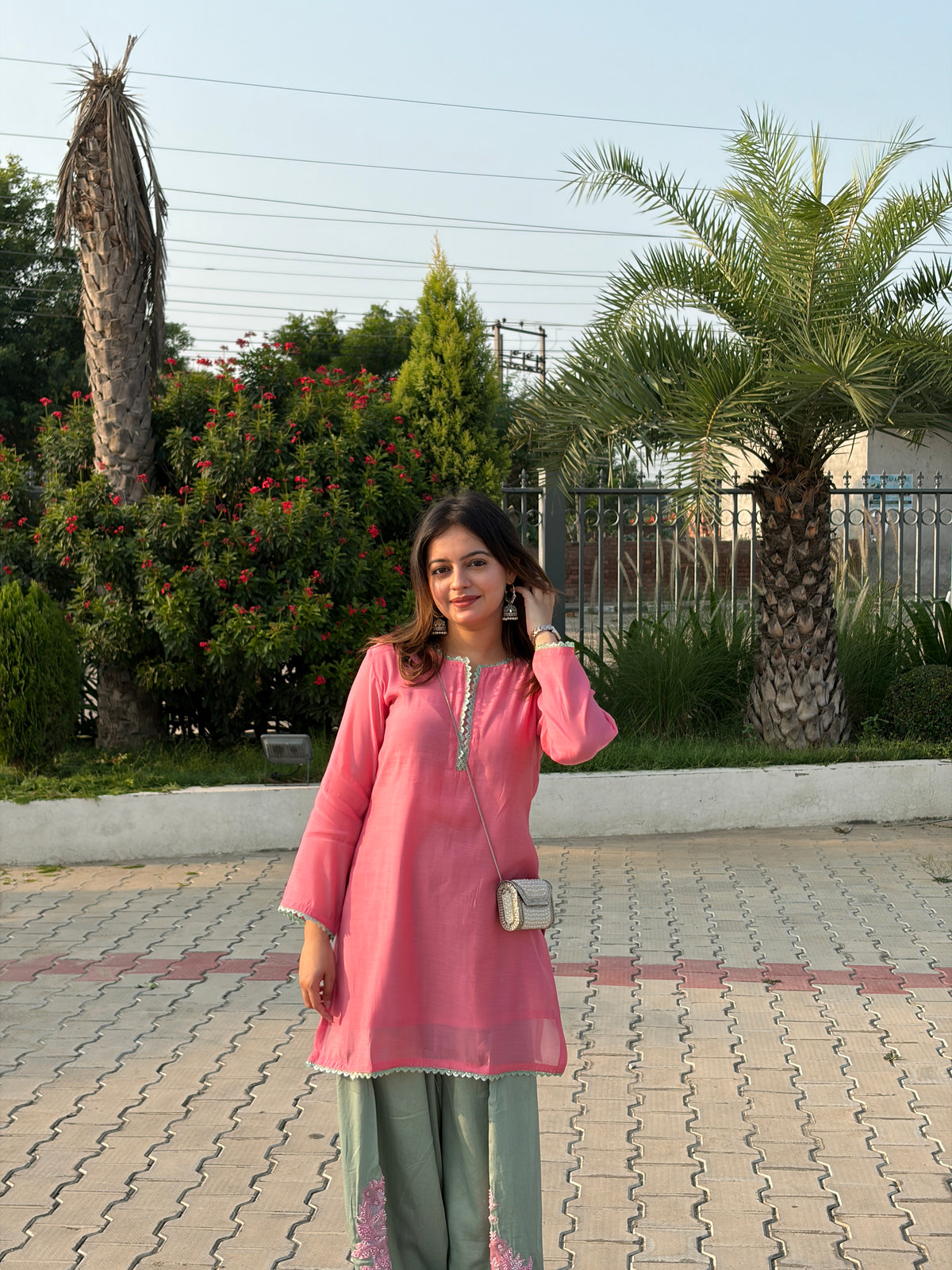 Pink & Sage Mal Chanderi Farshi Suit Set
