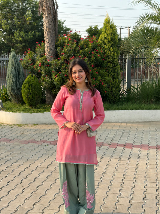 Pink & Sage Mal Chanderi Farshi Suit Set