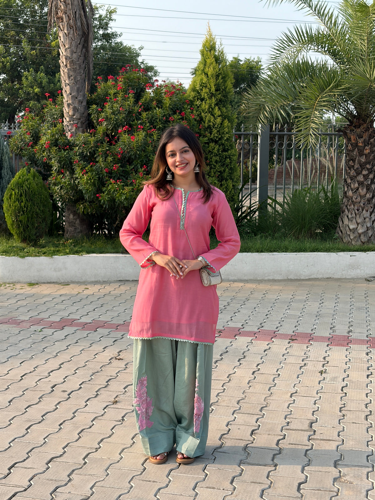 Pink & Sage Mal Chanderi Farshi Suit Set