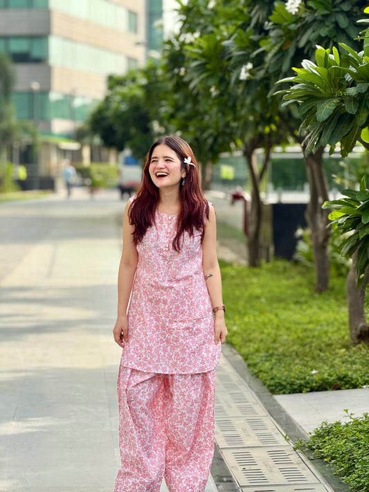 Premium Mal Slub Cotton 2-Piece Farshi Suit – Floral Print Kurti & Shalwar Set