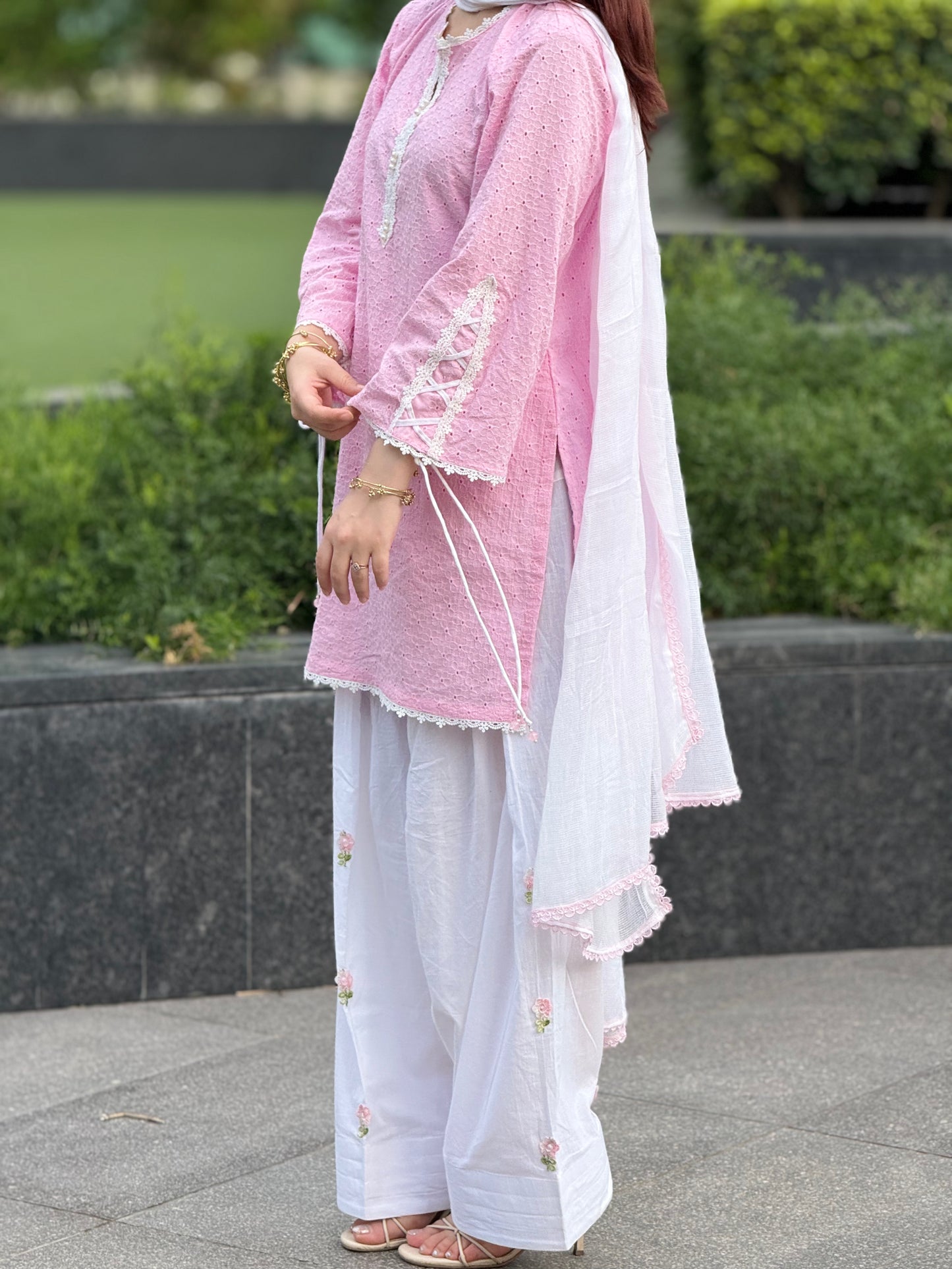 Baby-Pink Chikankari Farshi Suit Set with Corset Sleeves