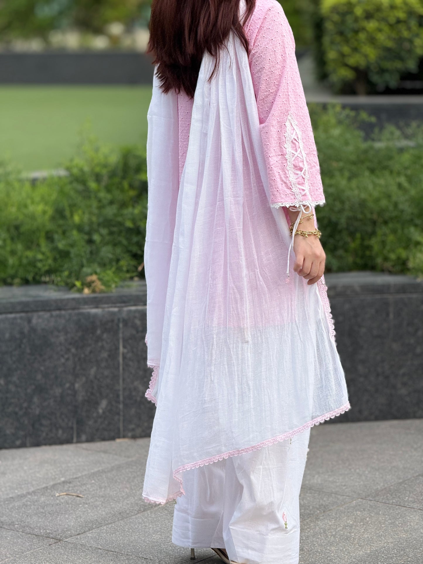 Baby-Pink Chikankari Farshi Suit Set with Corset Sleeves